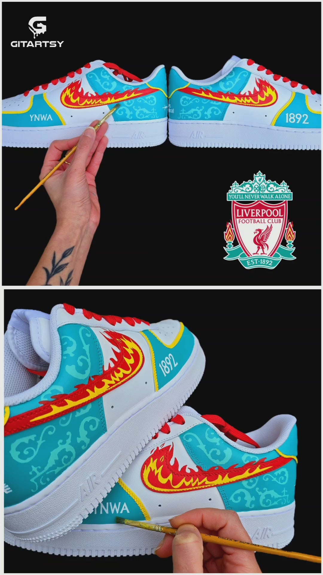Liverpool FC Inspired Custom Hand-Painted Nike Air Force 1 Sneakers. These one-of-a-kind kicks feature a bold and artistic take on the LFC logo, incorporating dynamic fire swooshes, intricate teal green crest designs, and club-inspired detailing that captures the spirit of Anfield. Perfect to match with the LFC kit.