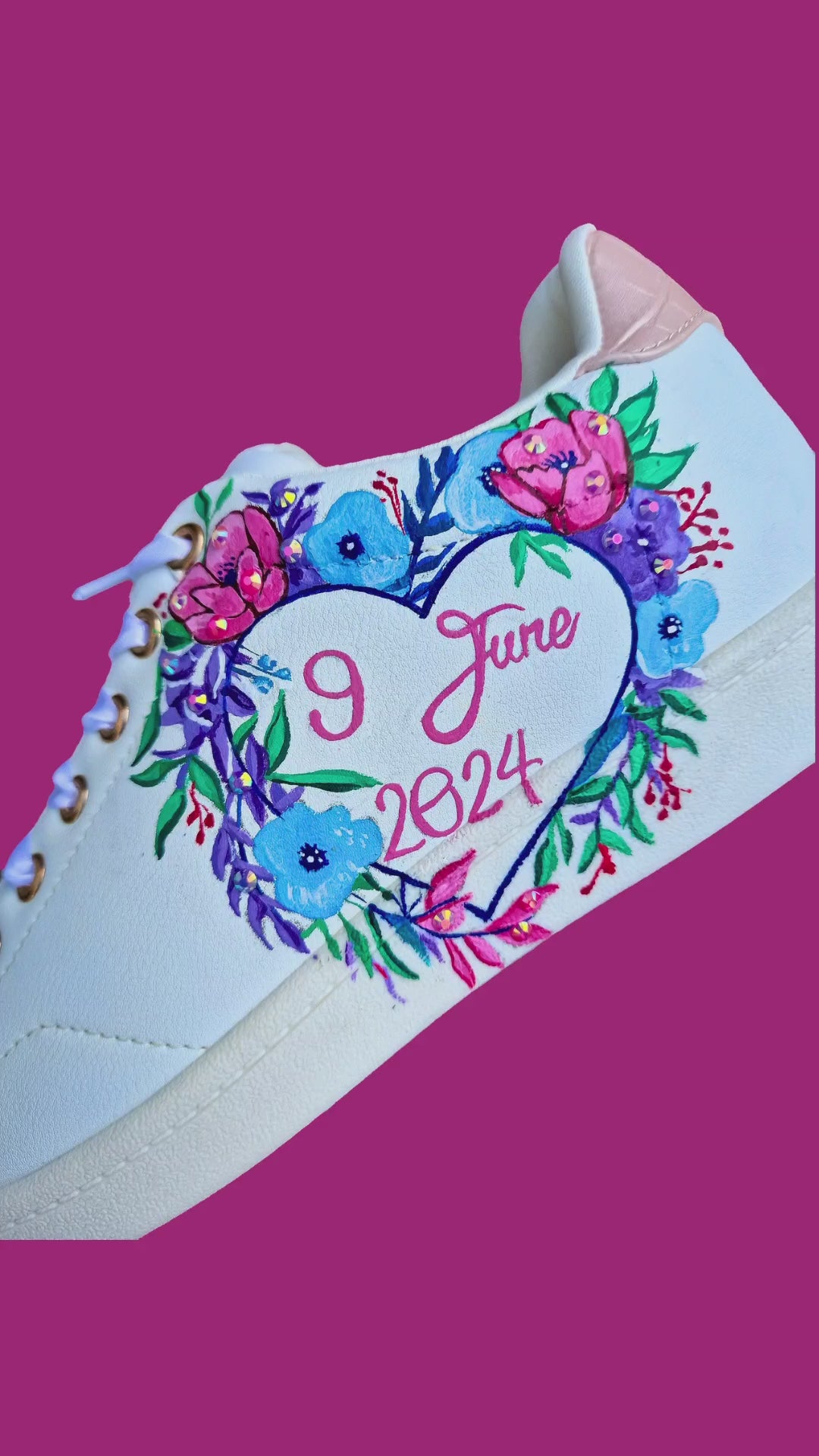Custom indian bridal hand painted sneakers shoes with floral heart border and bride groom portraits, names and wedding date
