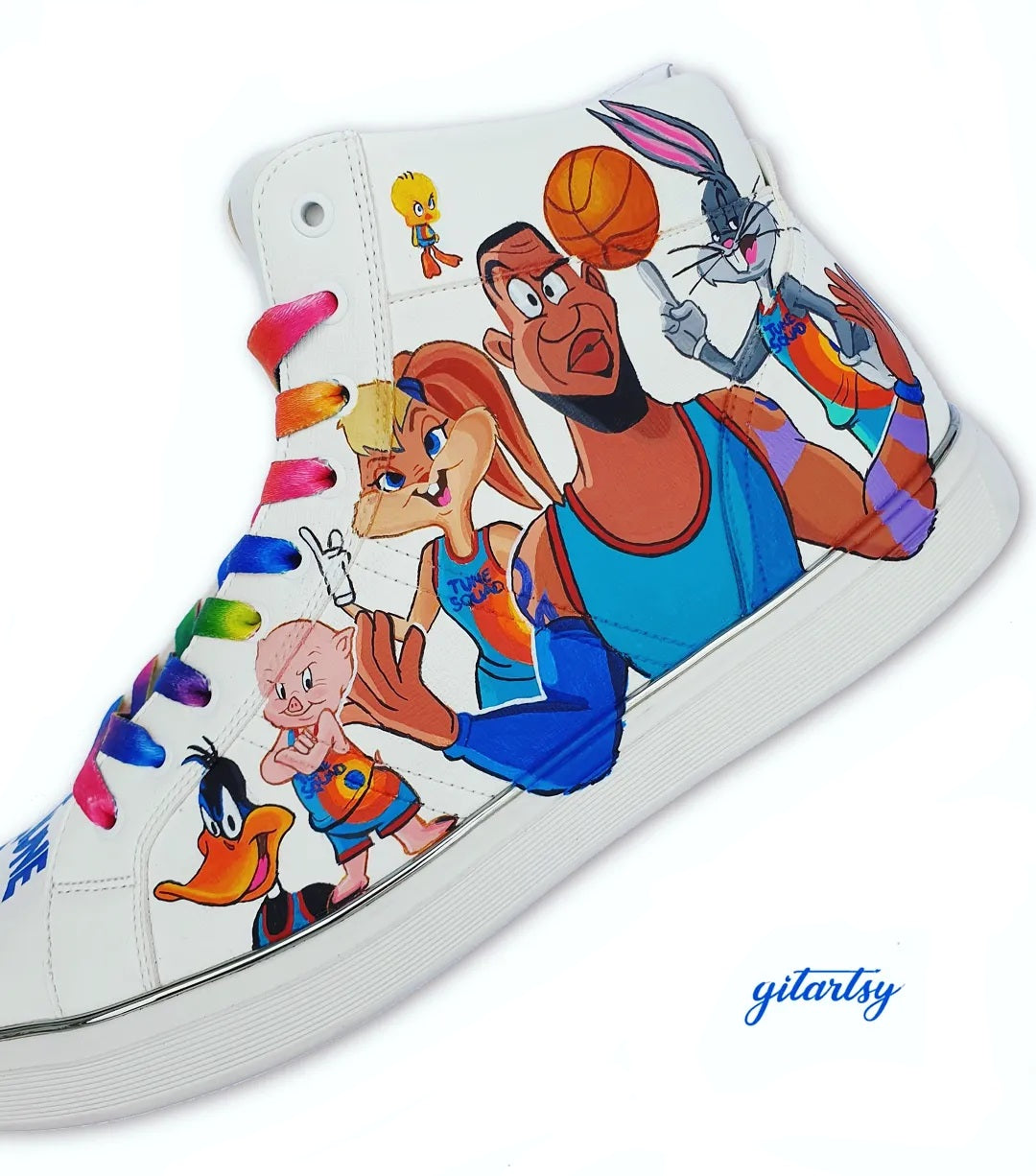 Space Jam characters and Lebron James hand painted on white high-top sneakers - left shoe