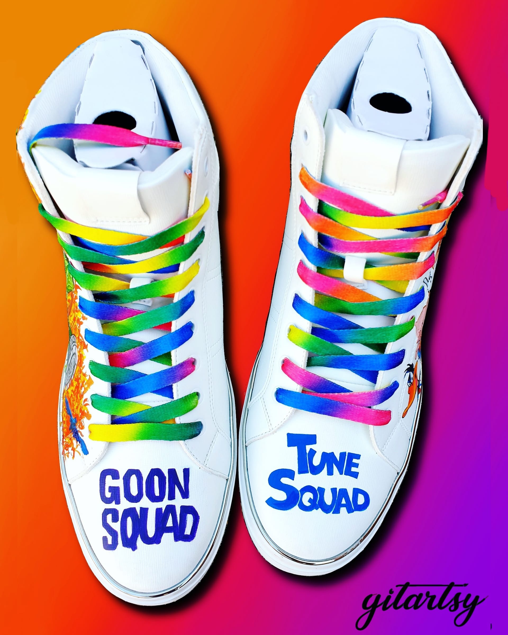 Space Jam characters and Lebron James hand painted on white high-top sneakers with colourful shoelaces