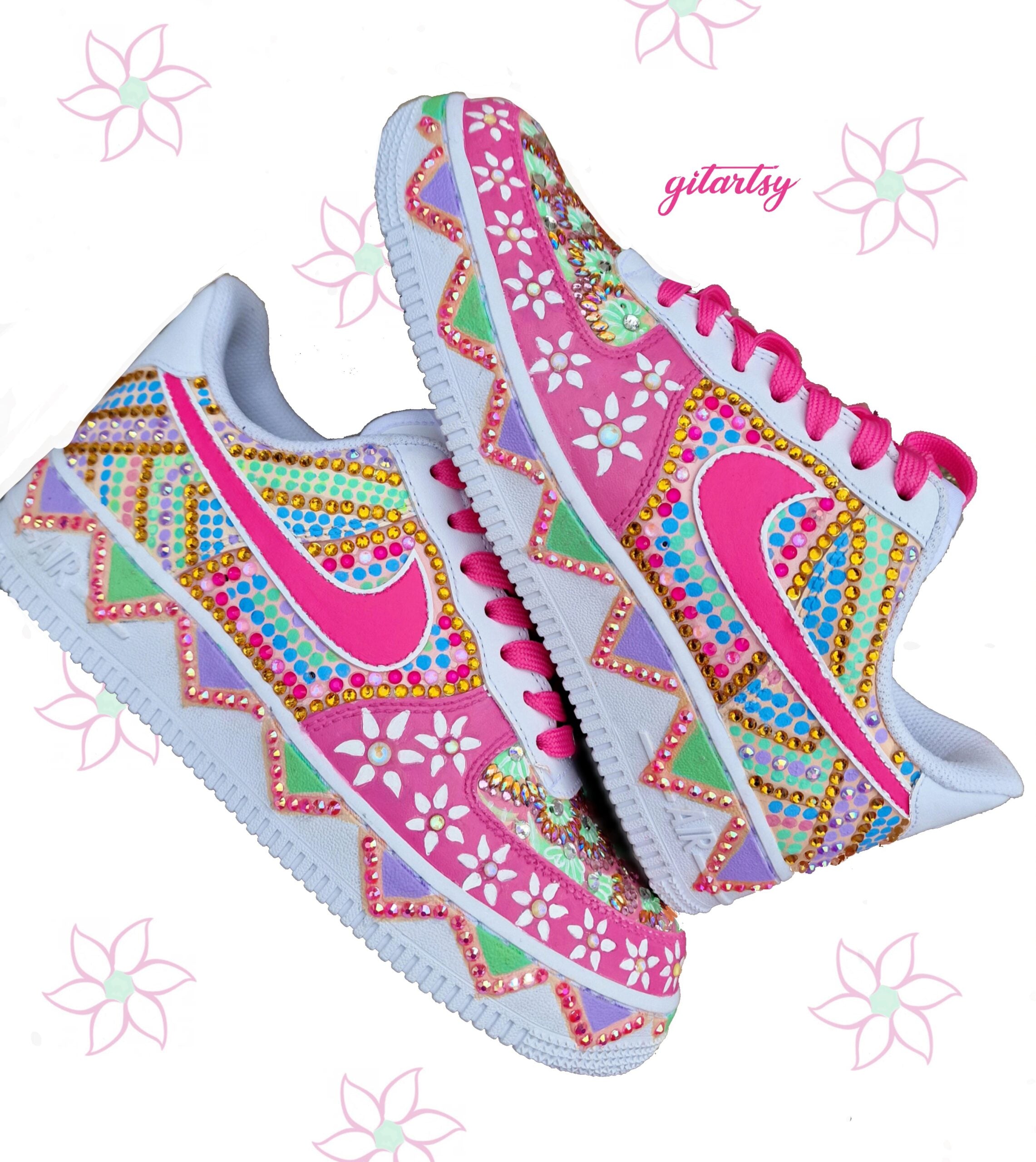 Papa dont preach inspired indian bridal wedding sneakers Nike AF1 - hand painted and embellished with crystals and pearls - neon colours and floral / zigzag patterns