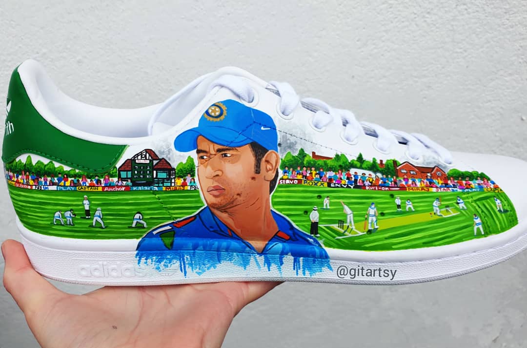 Hand painted Indian cricket team ADIDAS sneakers with a realistic portrait of MS.Dhoni painted and a detailed cricket pitch