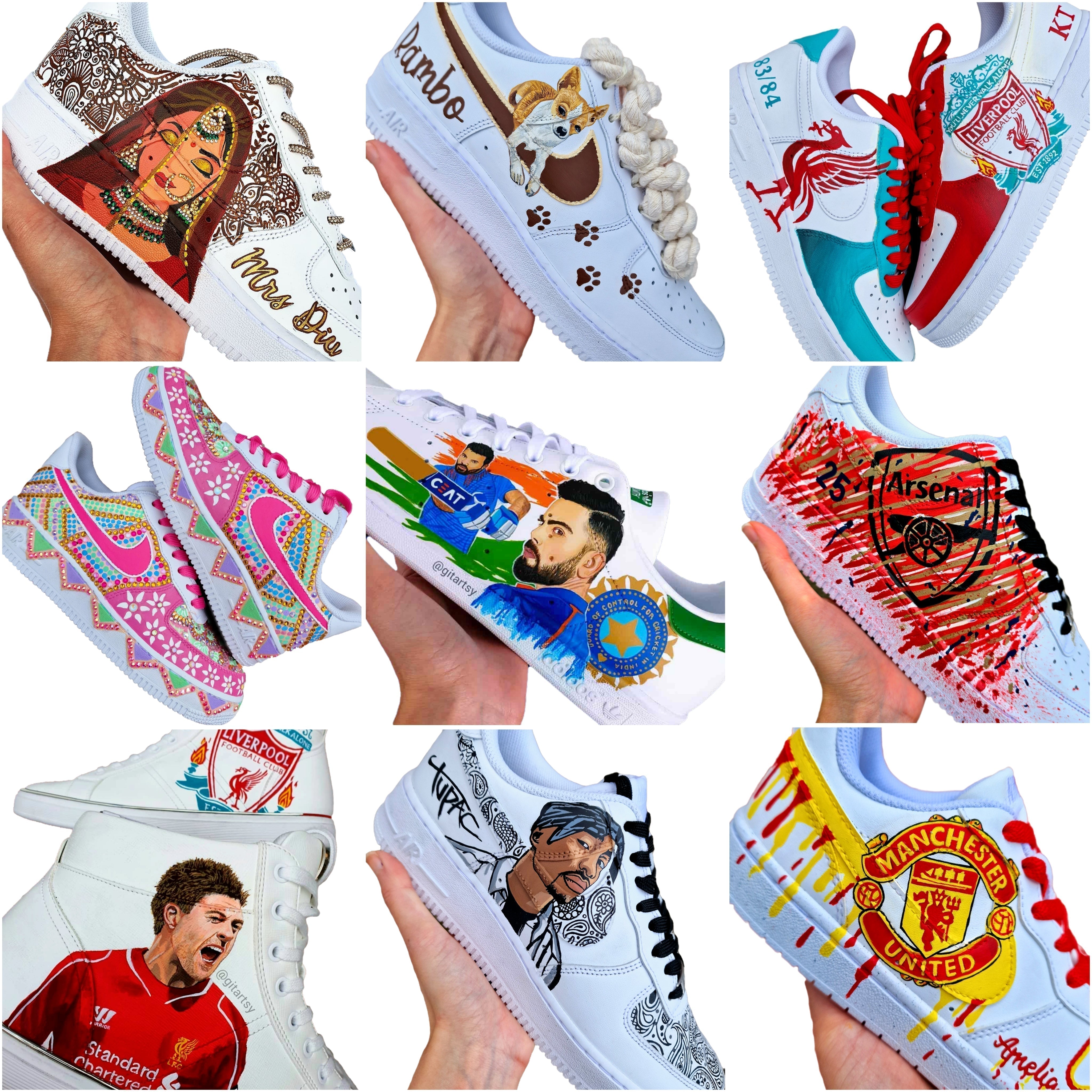 various themes of custom sneakers painted gitartsy - bridal, football, kids etc