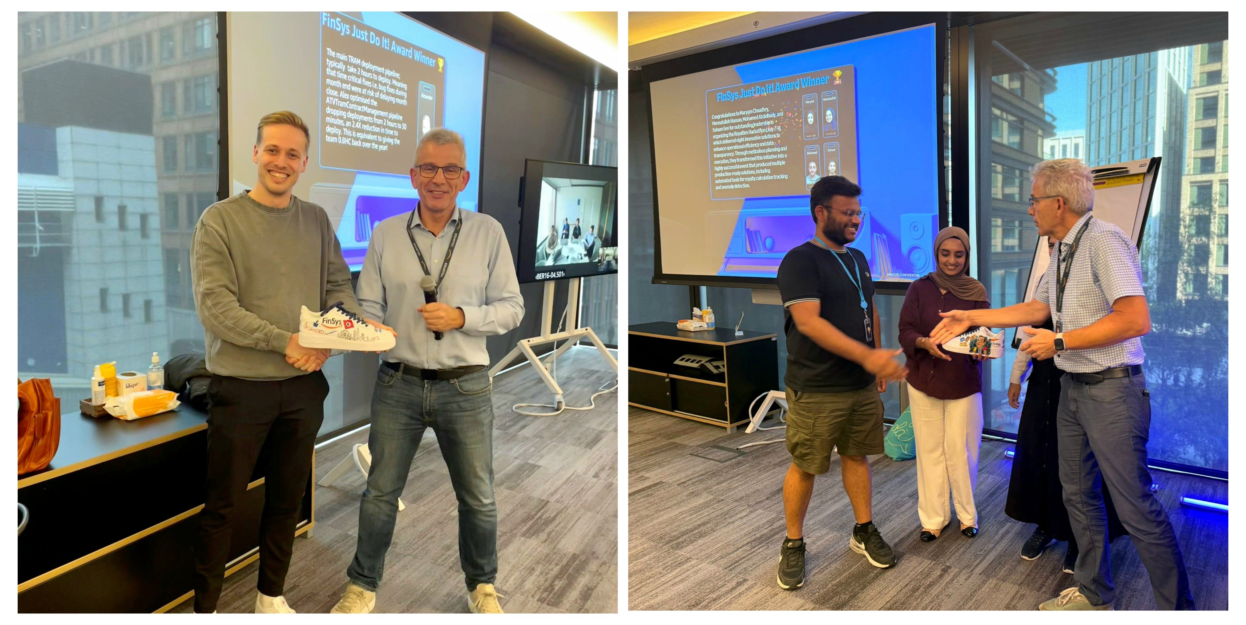 Amazon Prime Video FinSys team award ceremony showing employees receiving custom hand-painted Nike Air Force One sneakers by Gitartsy as unique employee recognition trophies, set in a modern office with large windows