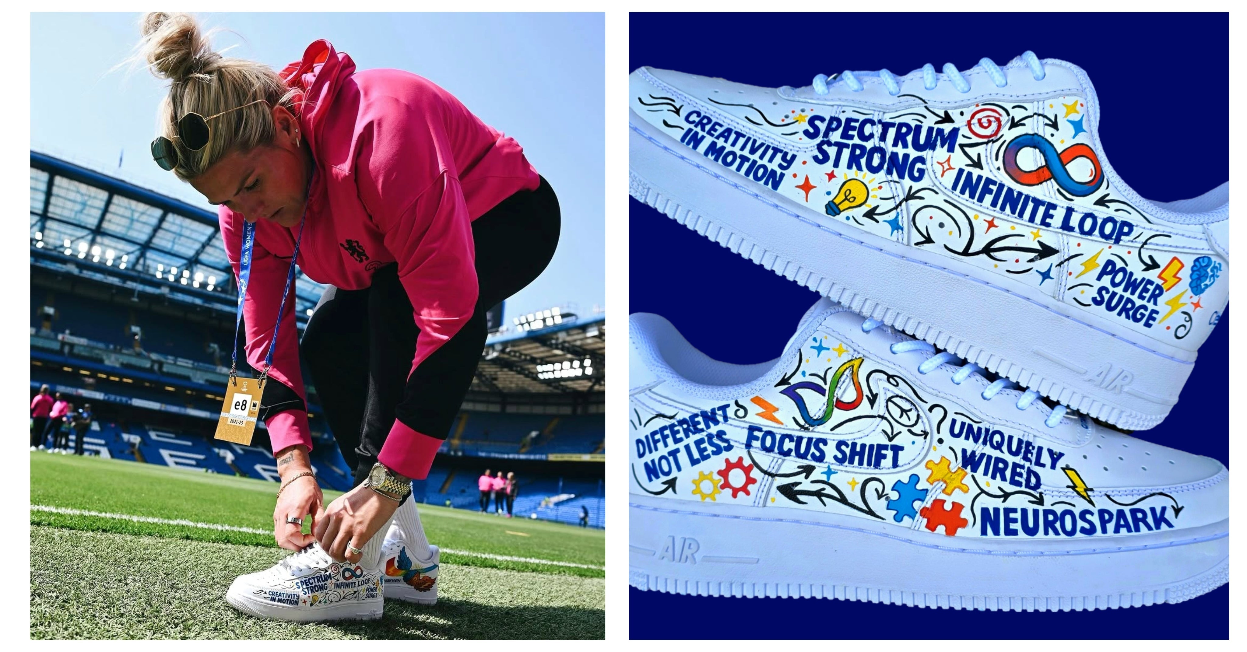 Footballer Millie Bright wearing custom Nike Air Force 1 sneakers designed by Gitartsy to celebrate ADHD and Autism awareness