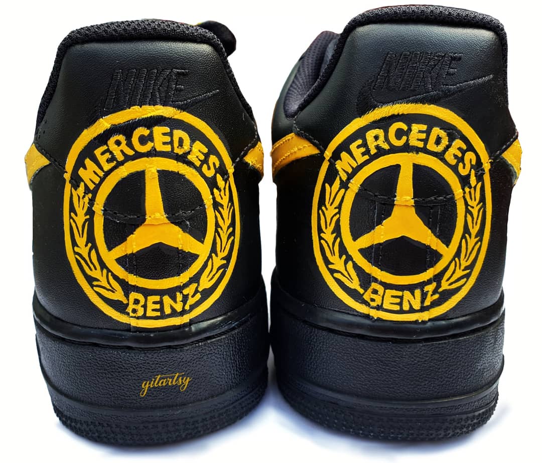 Mercedes Benz hand painted logo - branding gift idea - custom nike af1 black sneakers 