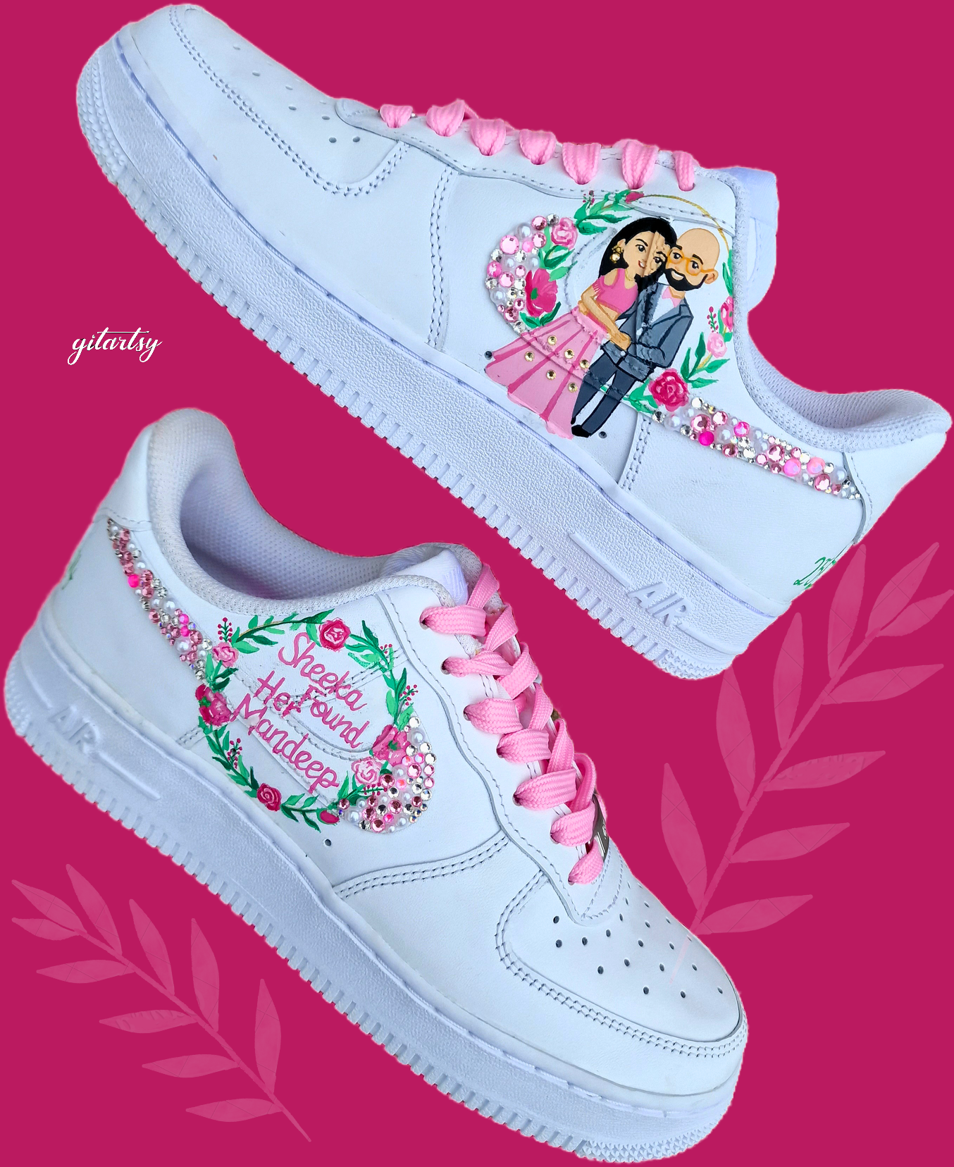 Cartoon-style couple painted on pink Nike AF1 sneakers  