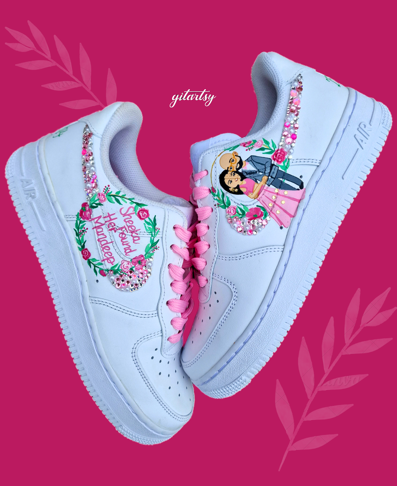 Playful wedding couple artwork on Nike sneakers  