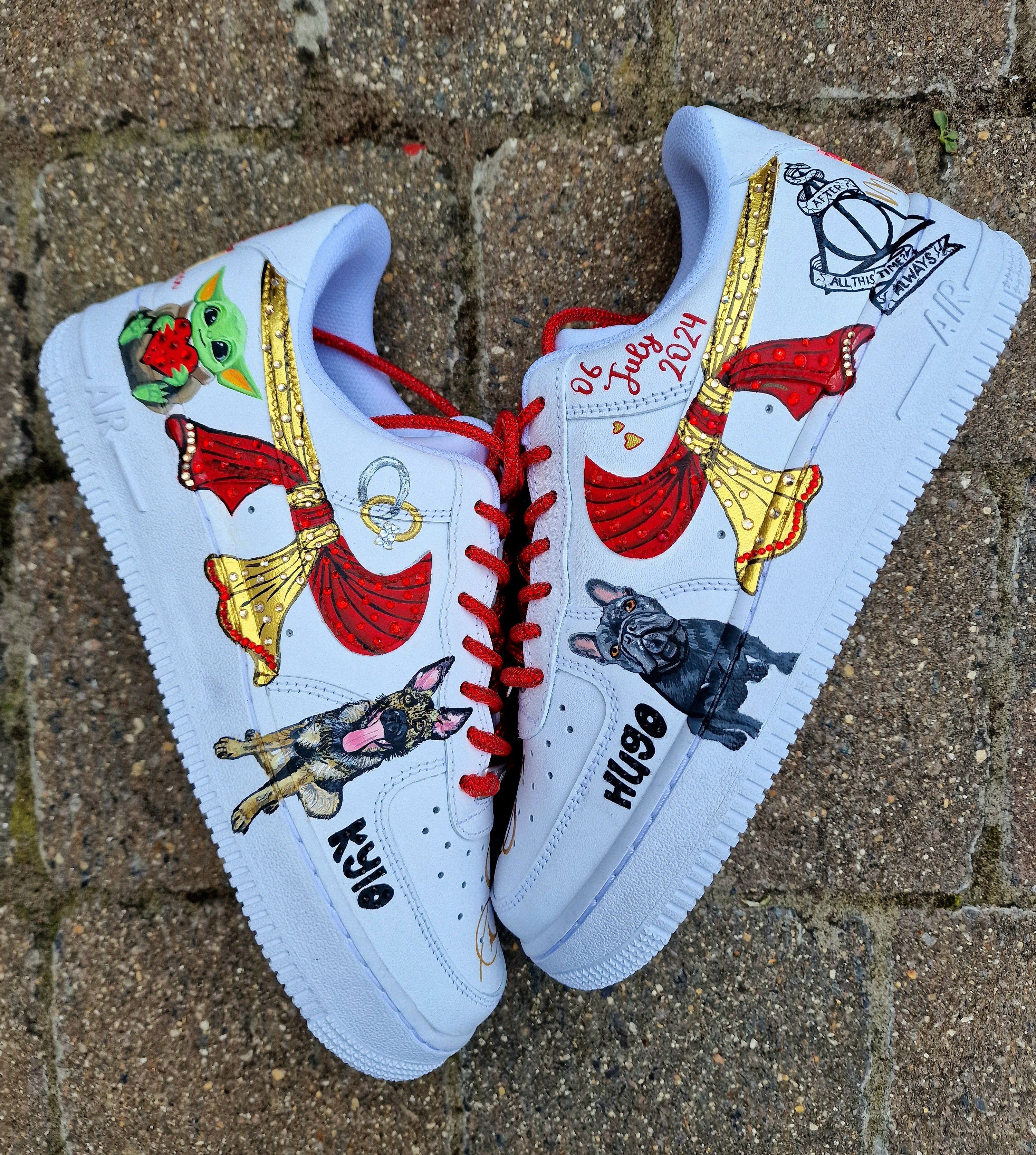 Custom love-story shoes with hand-drawn couple elements  
