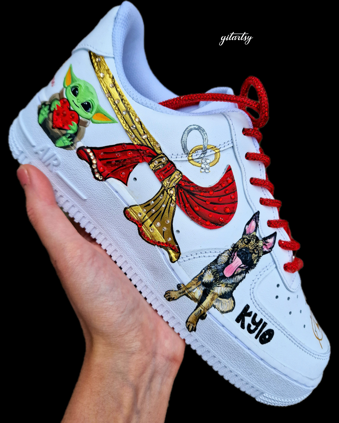 Love story illustrated on custom Nike sneakers for wedding  