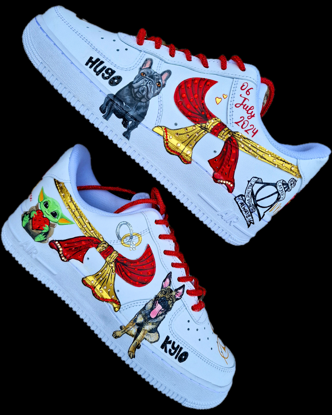 Personalized sneakers featuring couple’s pets and movie symbols  
