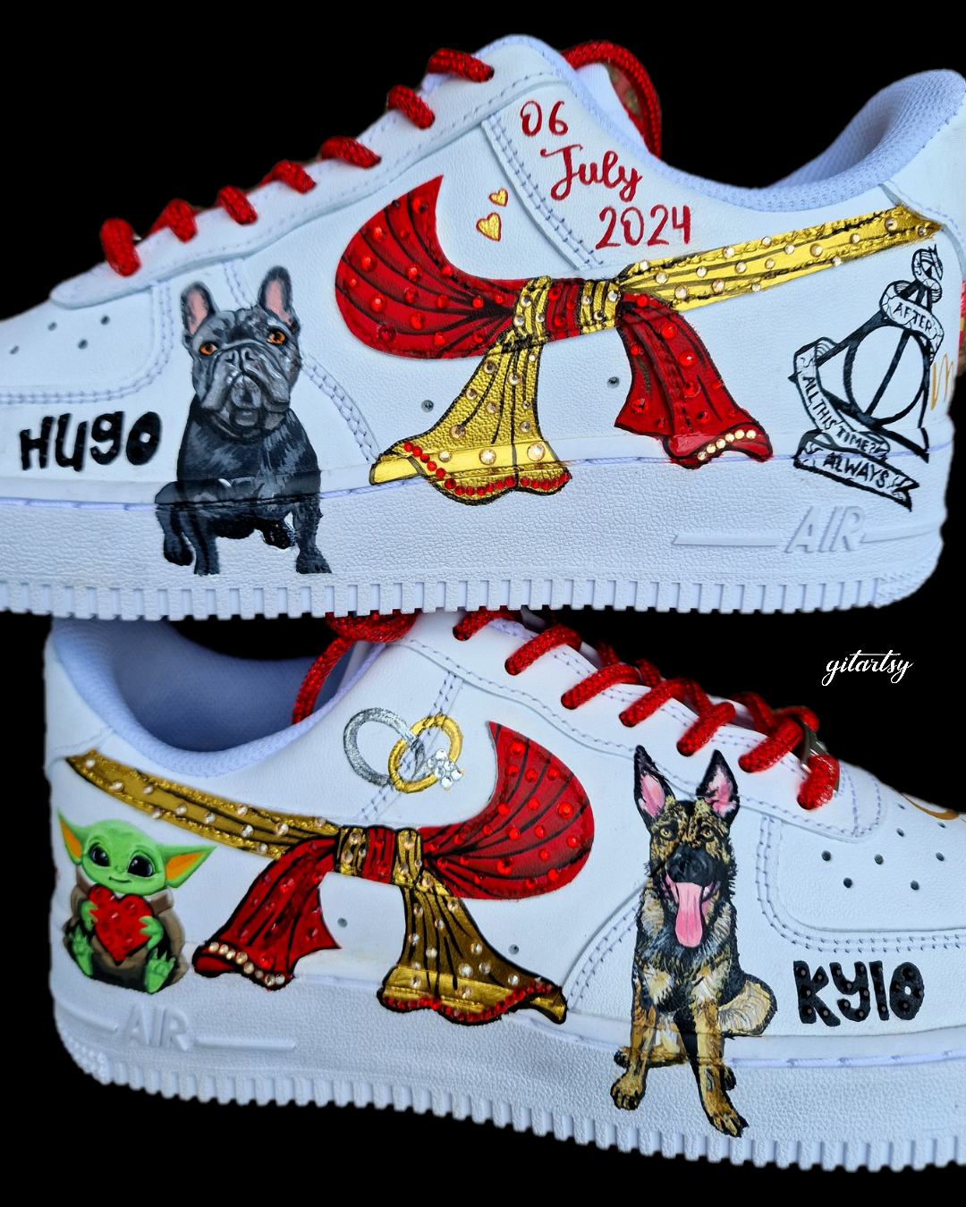 Custom bridal Nike AF1s with hand-painted love story icons  
