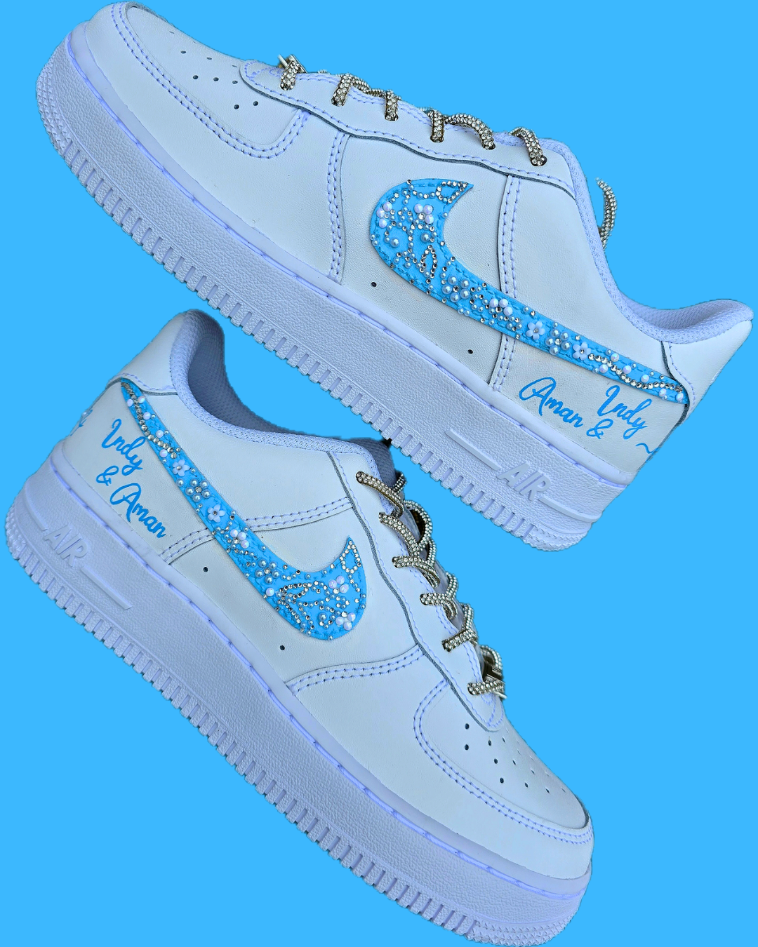 Pearl-detailed Nike shoes with blue wedding accents  