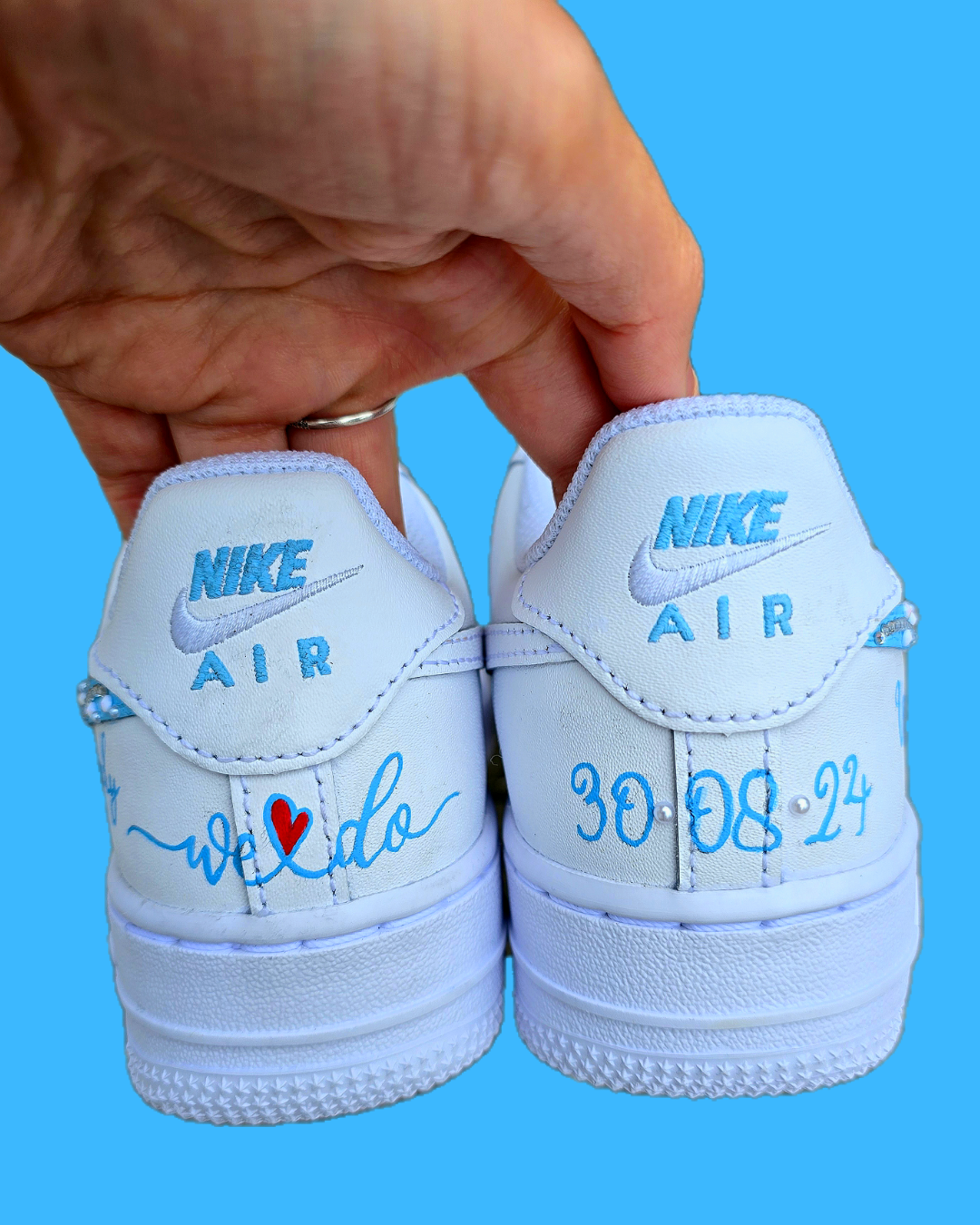 Blue and white custom bridal AF1s with crystal design  