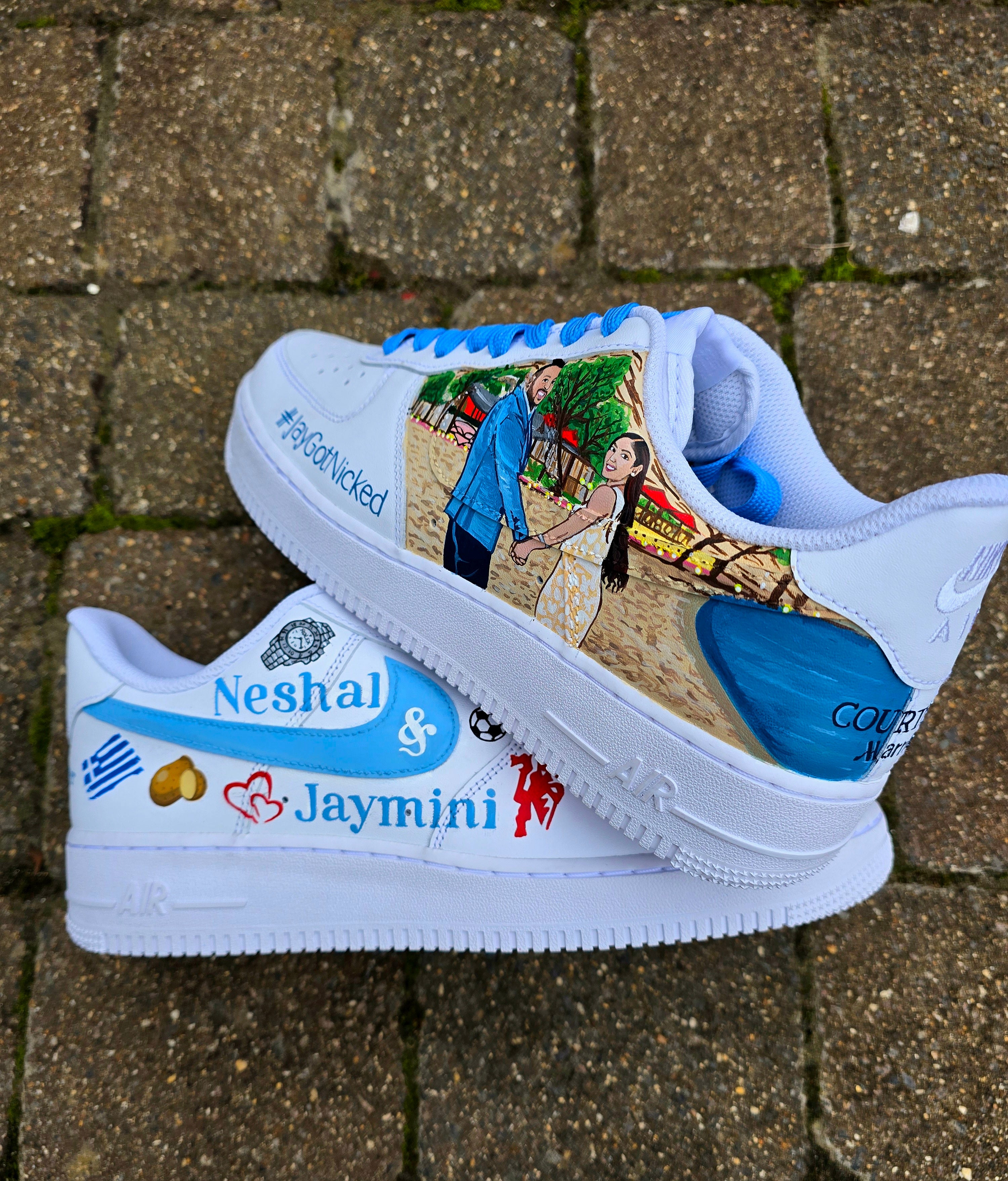Custom Nike AF1s hand-painted with beach bride and groom theme  