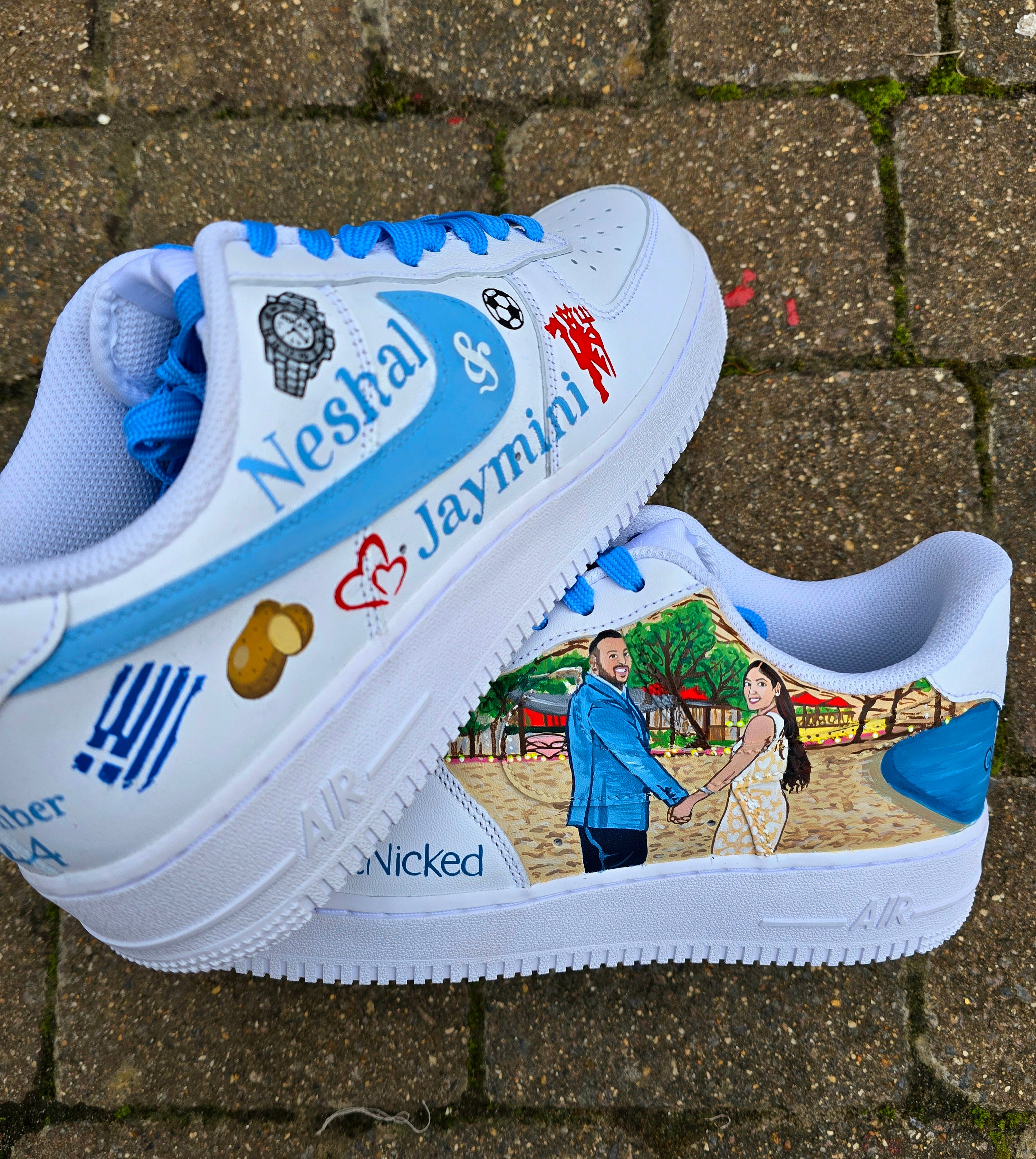 Bride and groom illustration on beach-themed Nike sneakers  