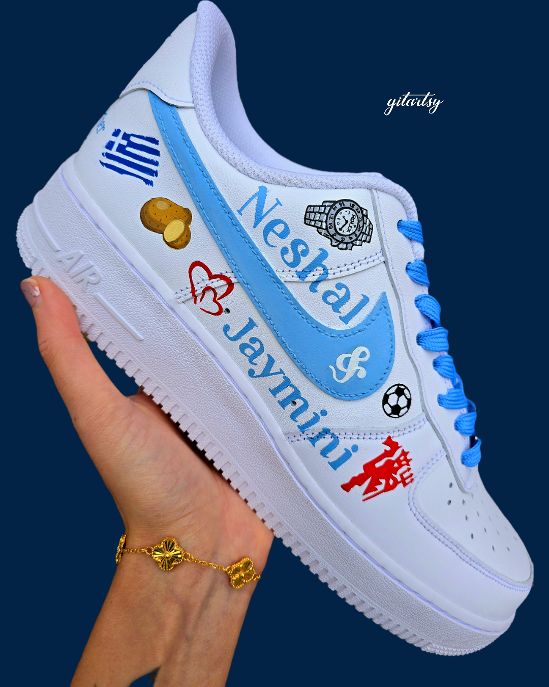Love icons and couple silhouette on beach-themed AF1s  