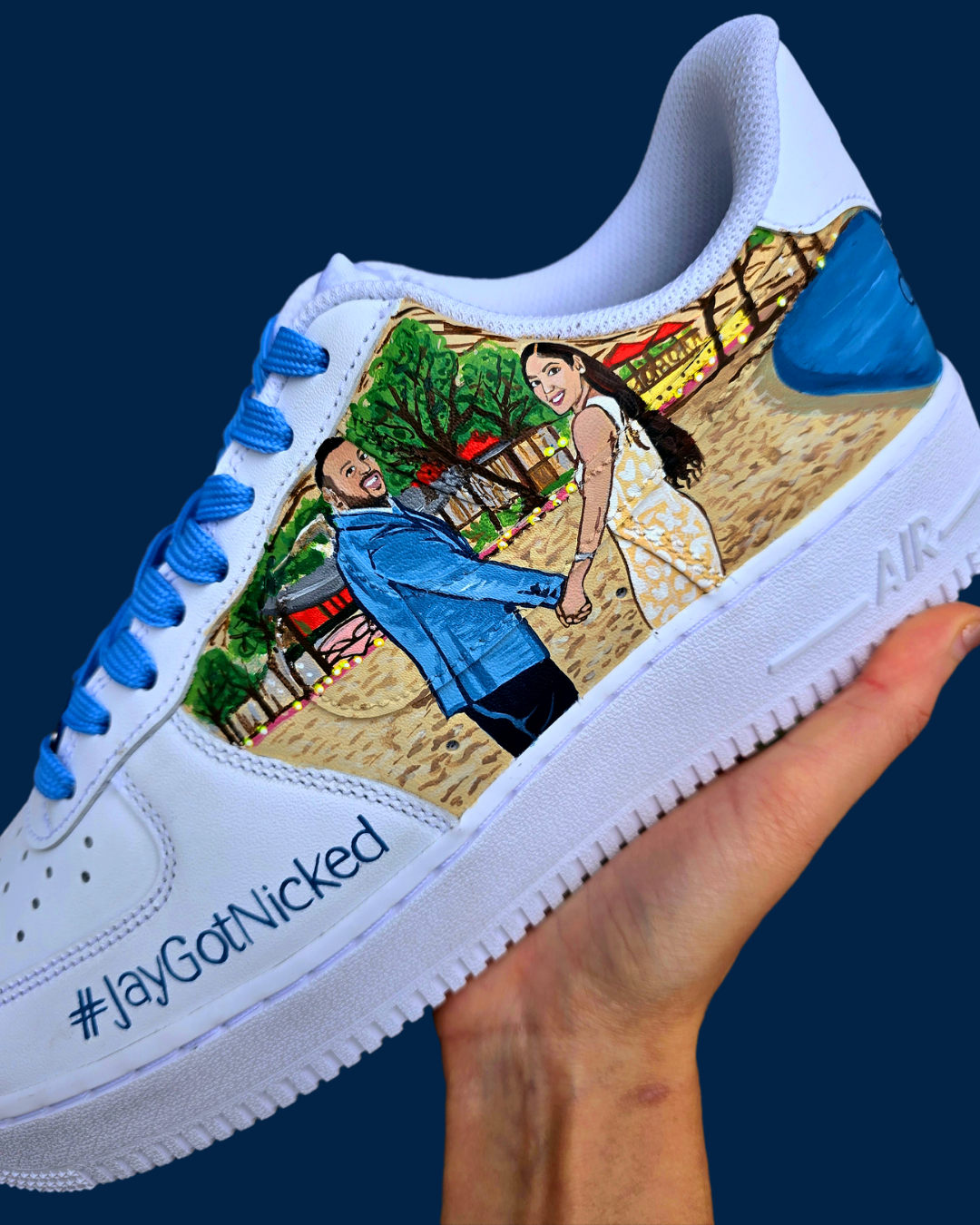 Custom love story sneakers for wedding beach vibes  