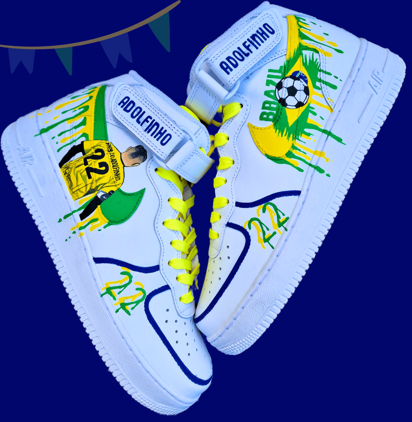 Custom Adolfinho Brazil-inspired Nike Air Force 1 sneakers featuring hand-painted green, yellow, and blue drip art, football graphics, the player name Adolfinho, the number 22, custom strap text, and vivid laces; unique wearable streetwear art designed for football fans and sneaker collectors who want personalised, one-of-a-kind kicks that celebrate Brazilian sports culture.