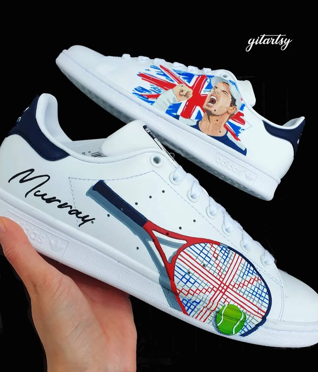 a realistic portrait of Andy Murray Tennis player with England flag and racket- hand painted on white Adidas Stan smith sneakers - in hand