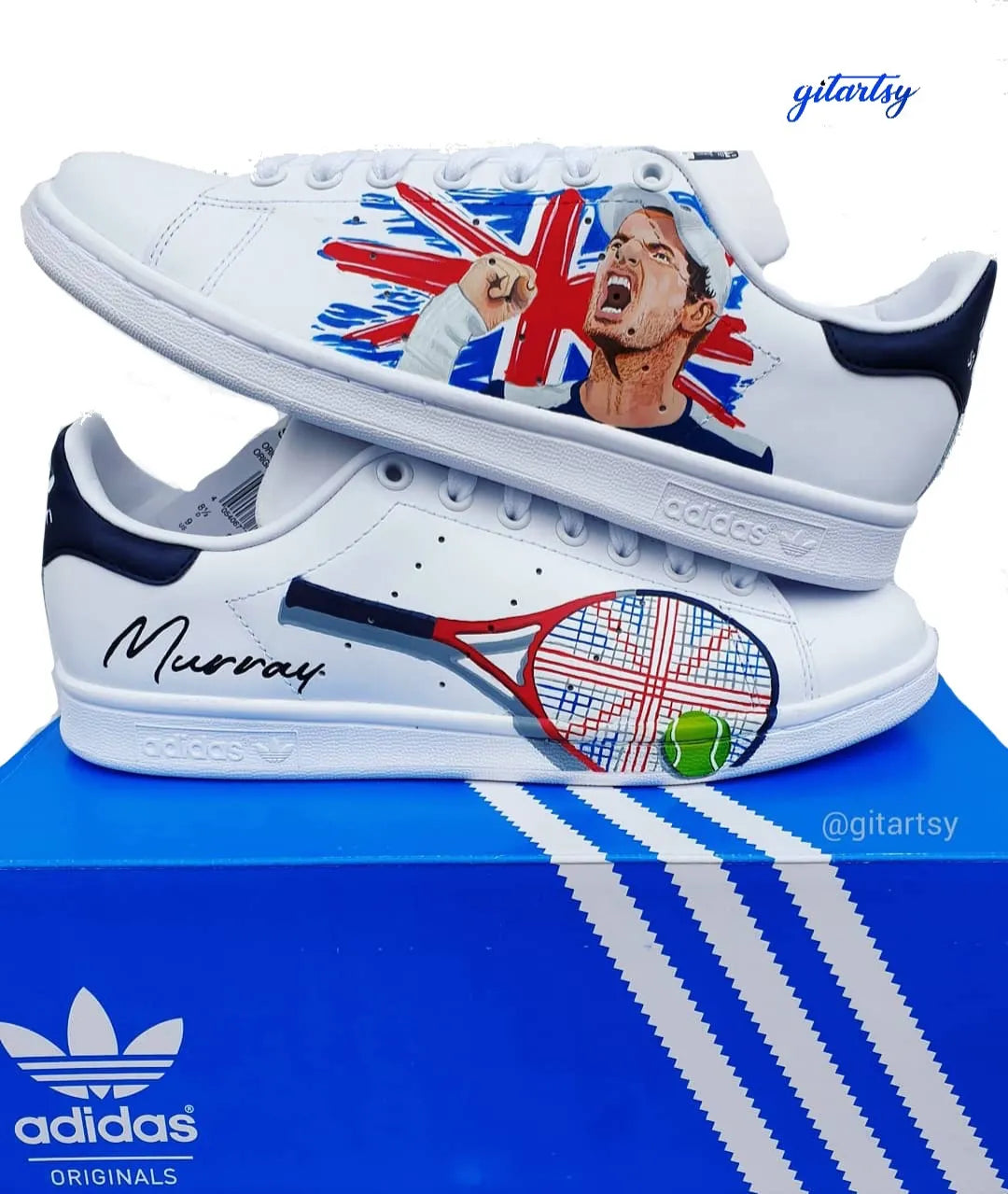 a realistic portrait of Andy Murray Tennis player with England flag and racket- hand painted on white Adidas Stan smith sneakers - in hand