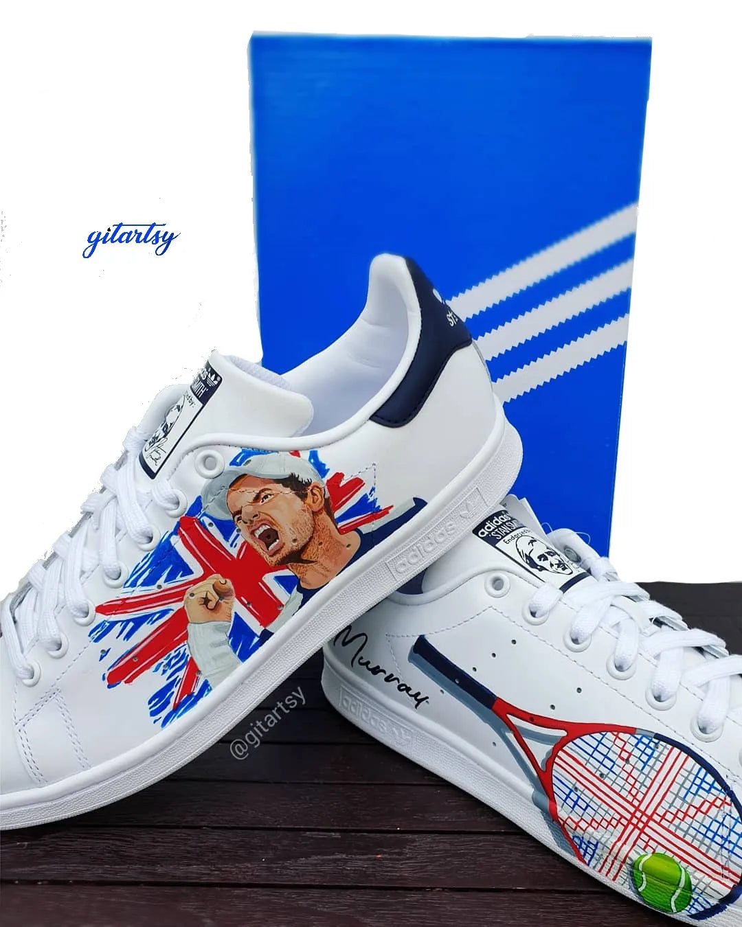 a realistic portrait of Andy Murray Tennis player with England flag and racket- hand painted on white Adidas Stan smith sneakers - in hand