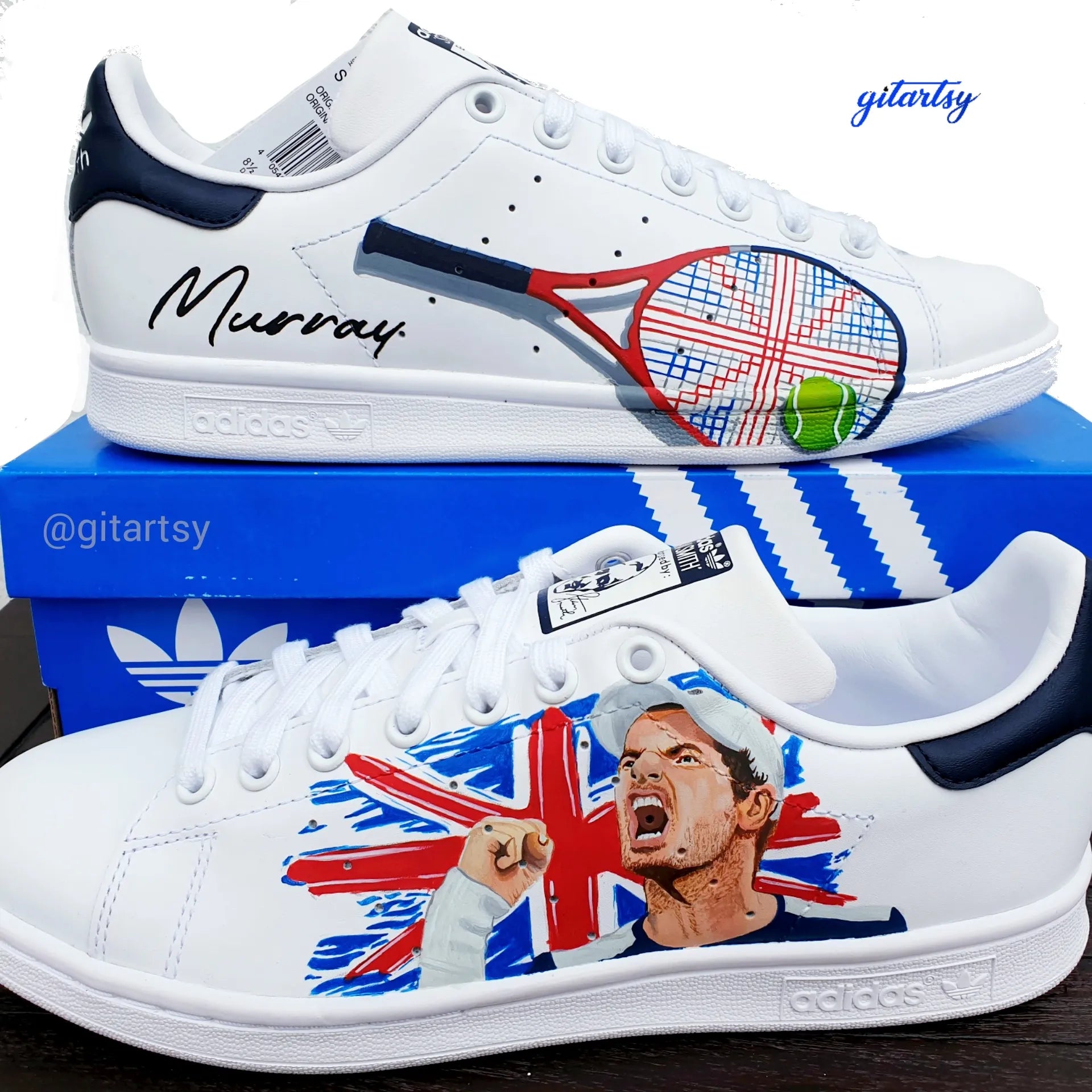 a realistic portrait of Andy Murray Tennis player with England flag and racket- hand painted on white Adidas Stan smith sneakers - in hand