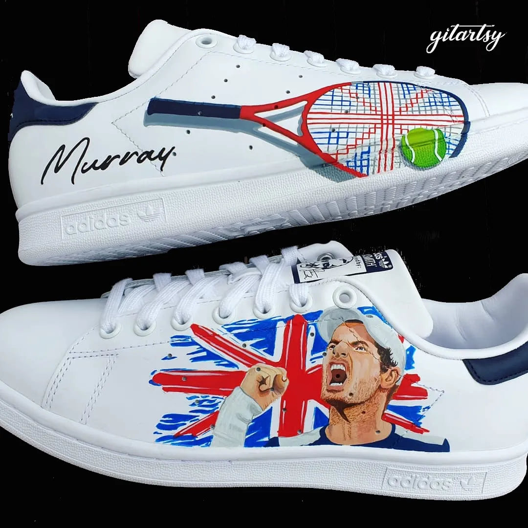 a realistic portrait of Andy Murray Tennis player with England flag and racket- hand painted on white Adidas Stan smith sneakers - in hand