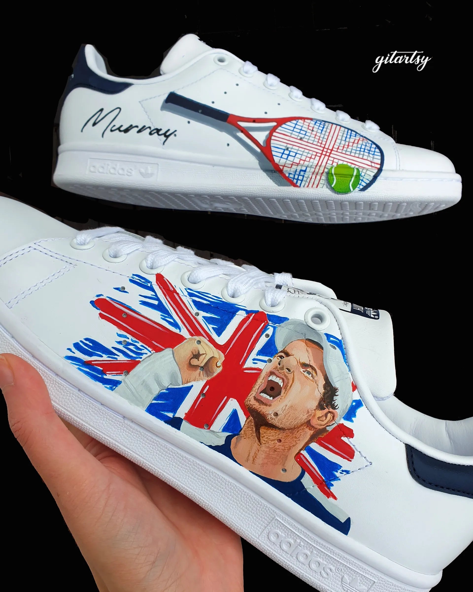 a realistic portrait of Andy Murray Tennis player with England flag and racket- hand painted on white Adidas Stan smith sneakers - in hand