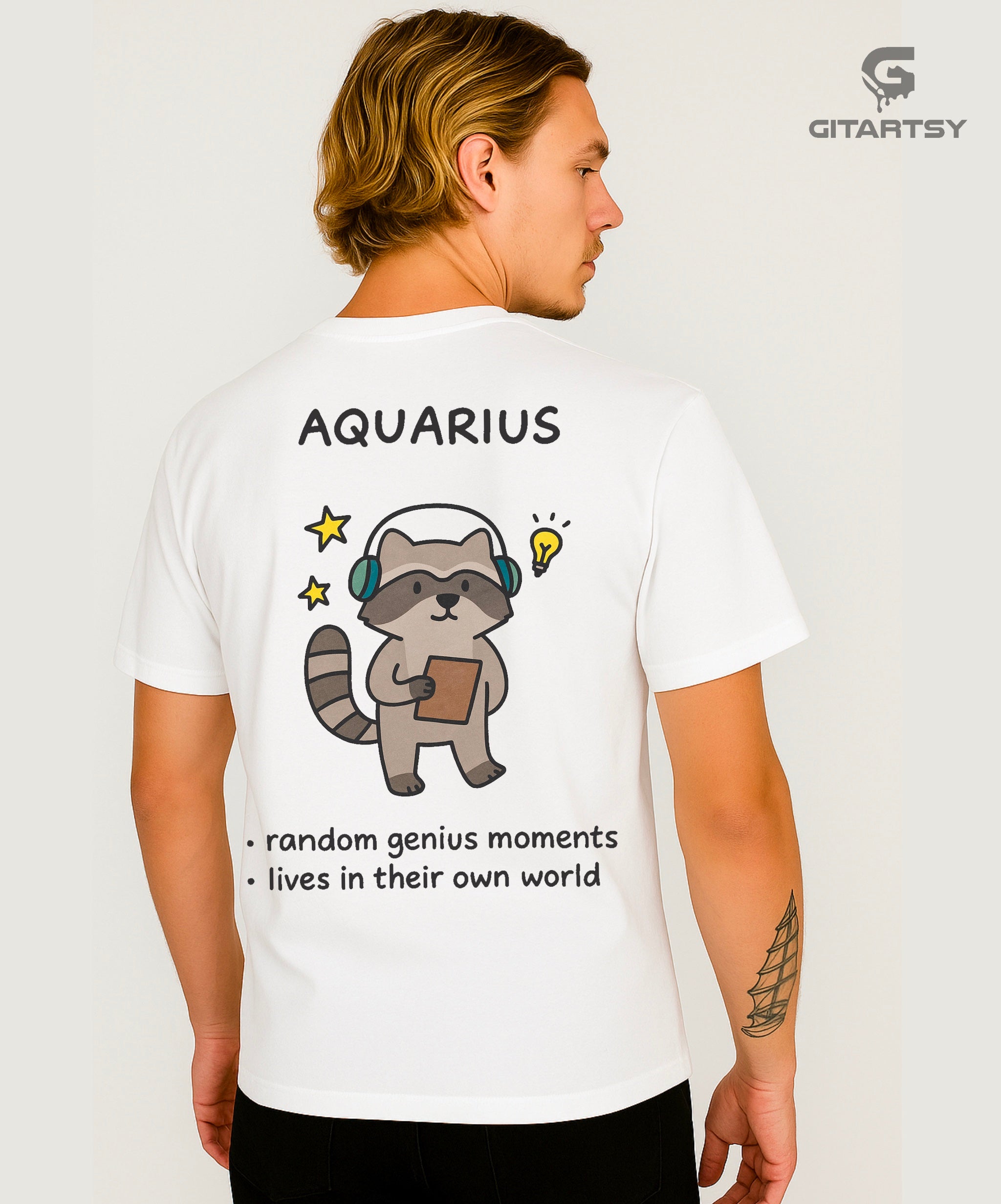 Aquarius Zodiac T-Shirt – Random Genius Moments Tee with Cute Raccoon Cartoon (Unisex)