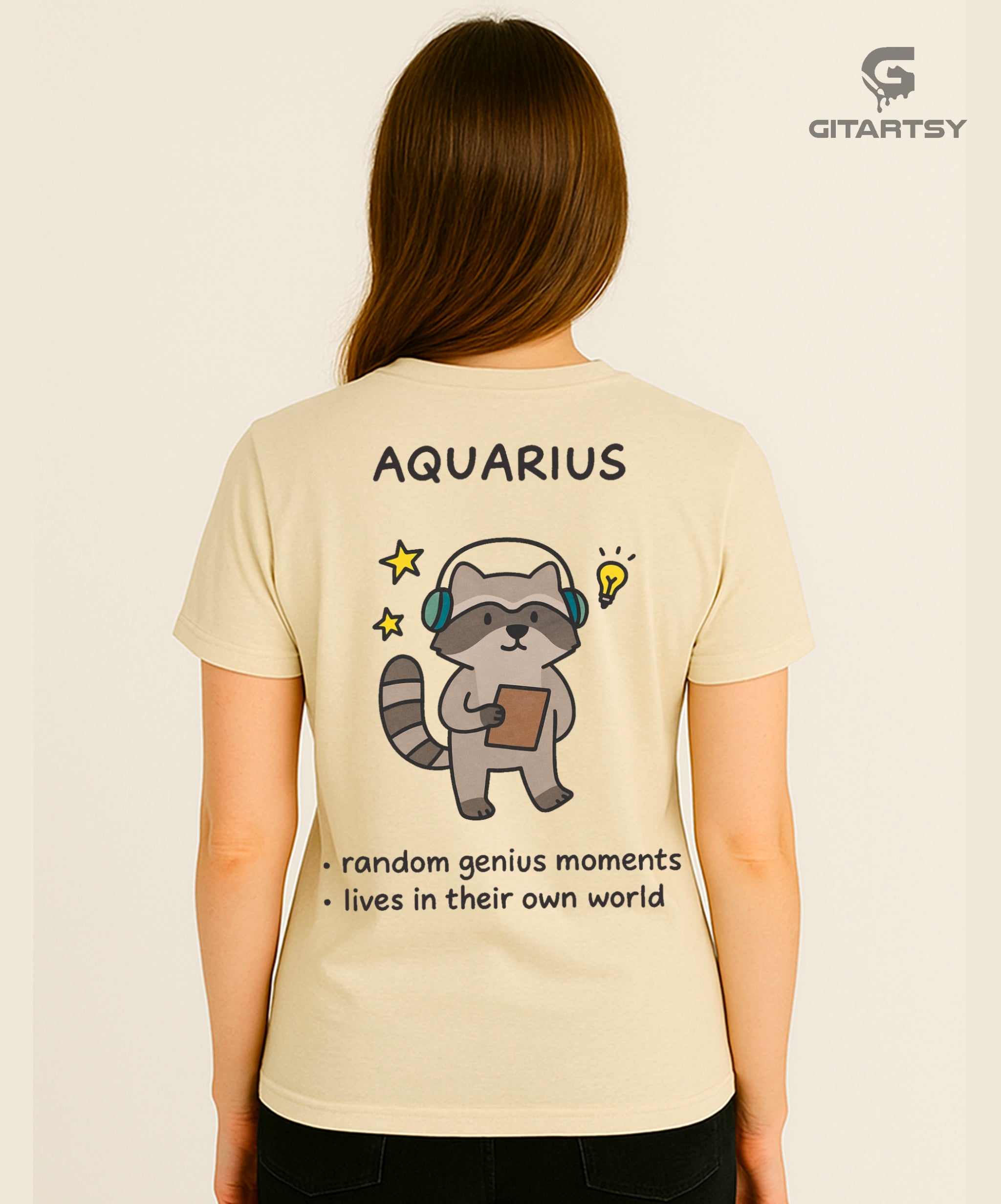 Aquarius Zodiac T-Shirt – Random Genius Moments Tee with Cute Raccoon Cartoon (Unisex) beige