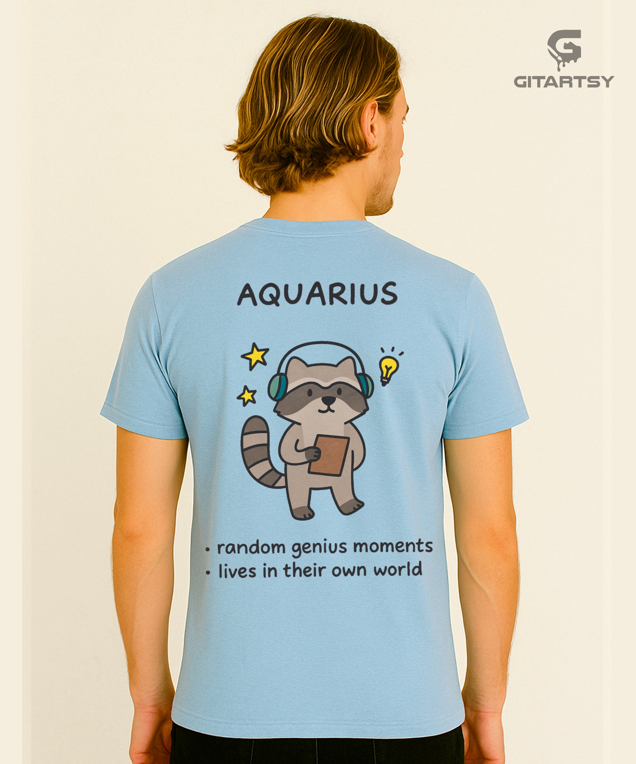 Aquarius Zodiac T-Shirt – Random Genius Moments Tee with Cute Raccoon Cartoon (Unisex) blue