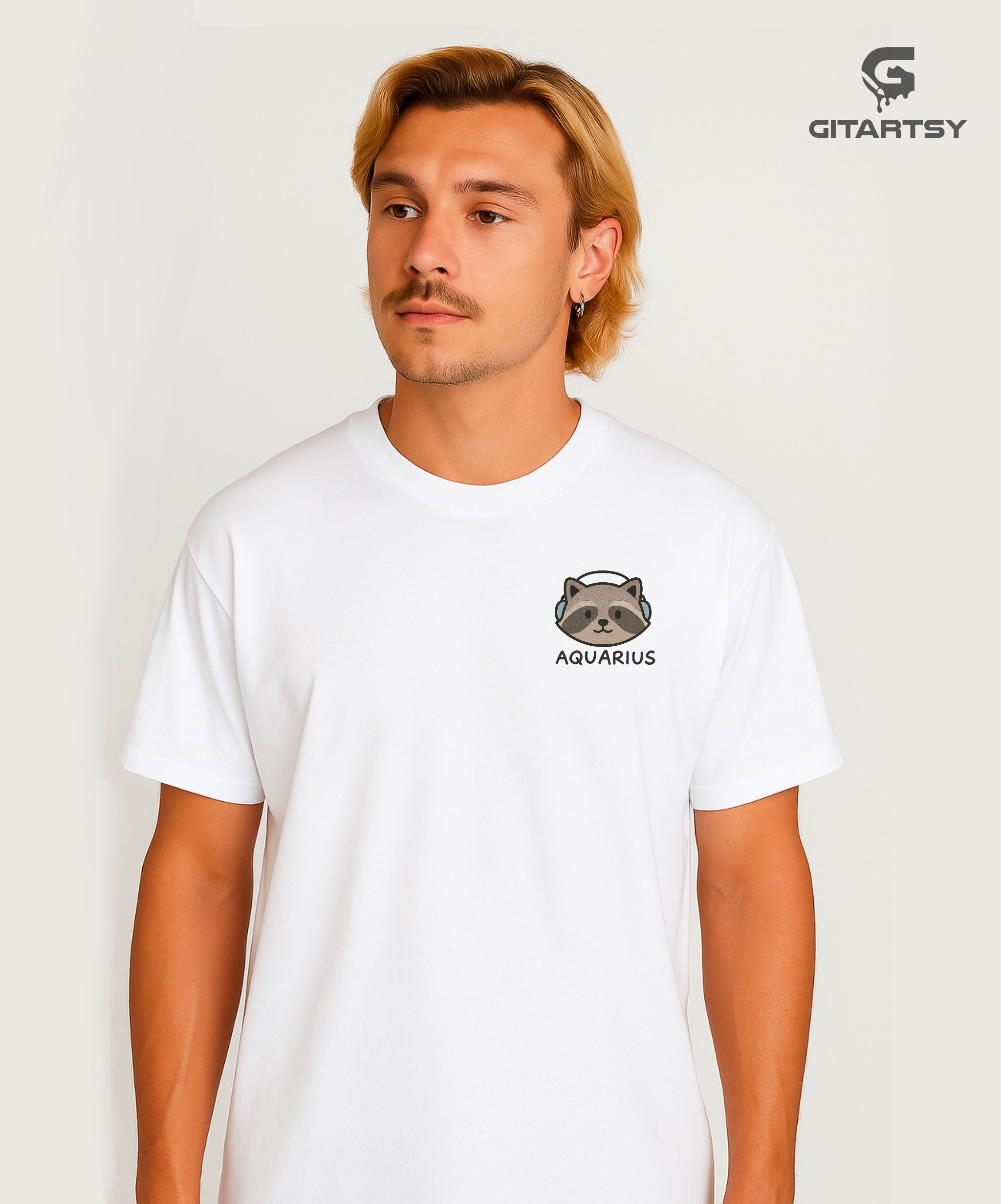 Aquarius Zodiac T-Shirt – Random Genius Moments Tee with Cute Raccoon Cartoon (Unisex) front