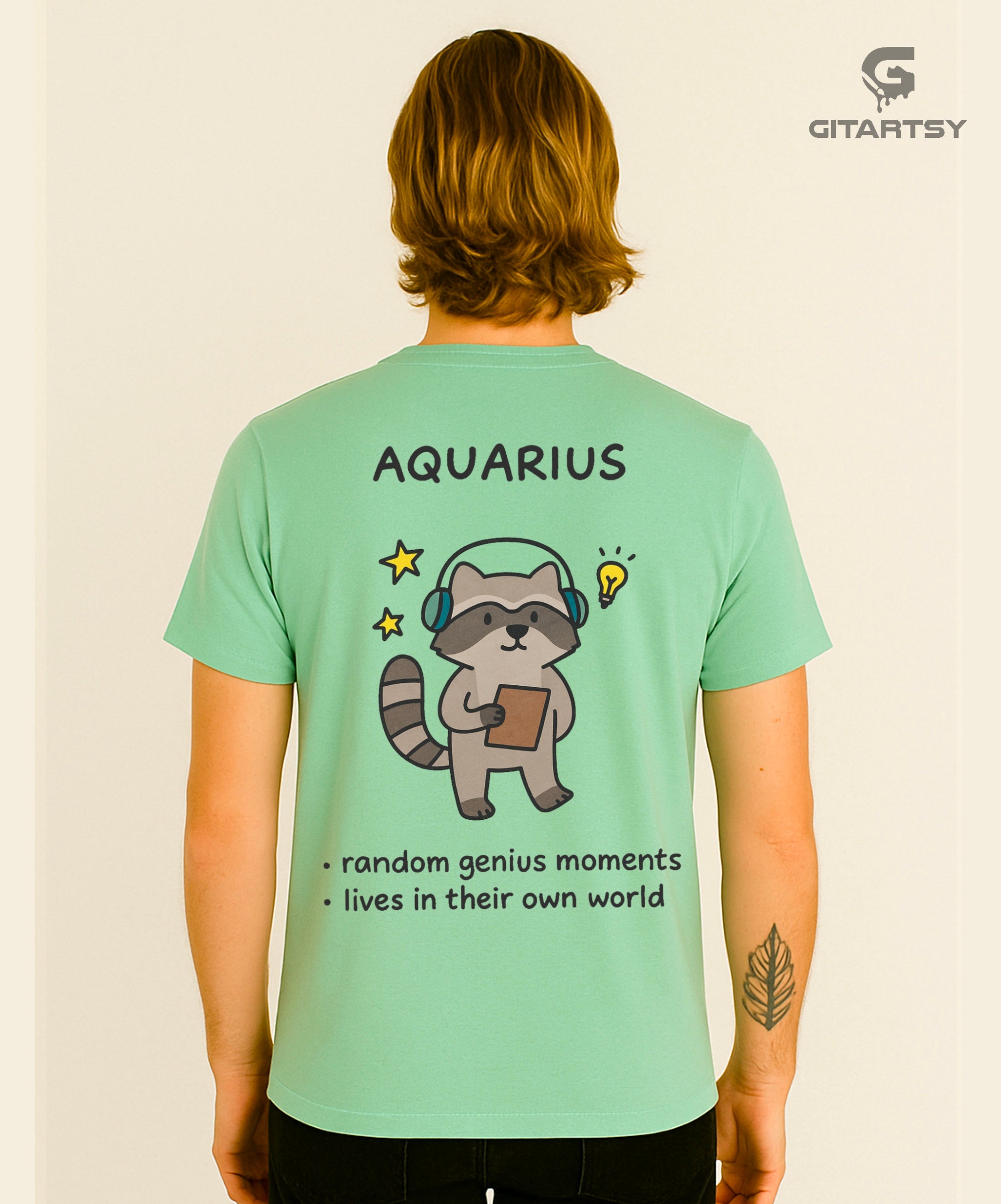 Aquarius Zodiac T-Shirt – Random Genius Moments Tee with Cute Raccoon Cartoon (Unisex) green