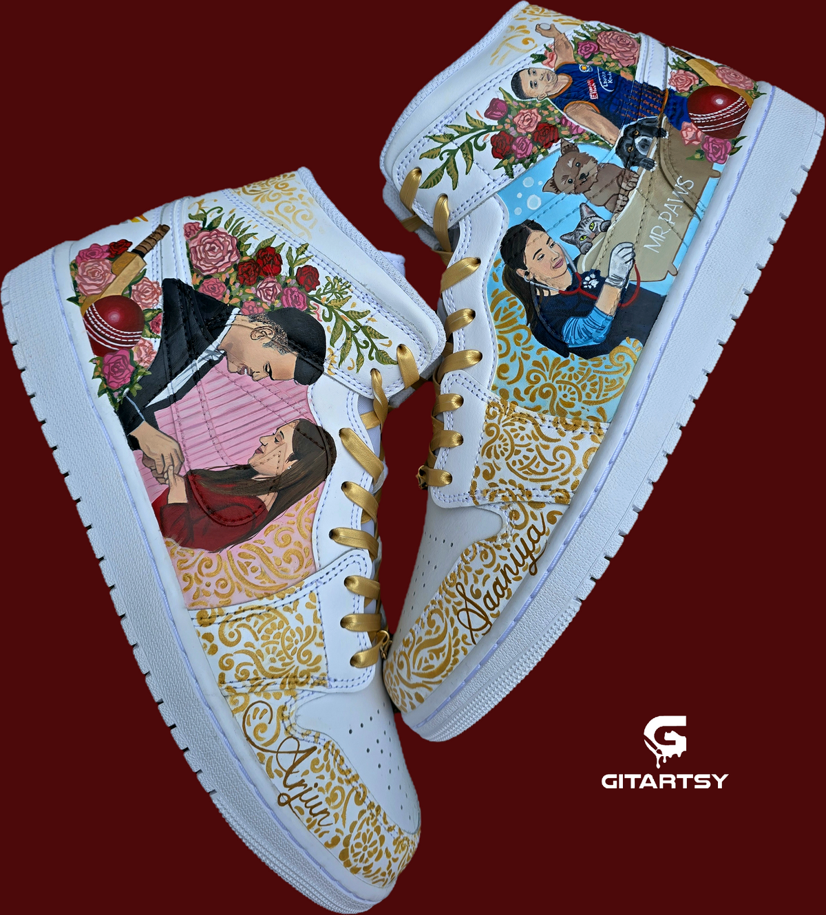 A pair of nike jordan 1 white high-top sneakers with custom illustrations of a couple Arjun Tendulkar and Saaniya Chandhok with gold paisley patterns henna, pets, florals with maroon and blue colour scheme displayed against a dark red background with a GITARTSY logo in the corner.