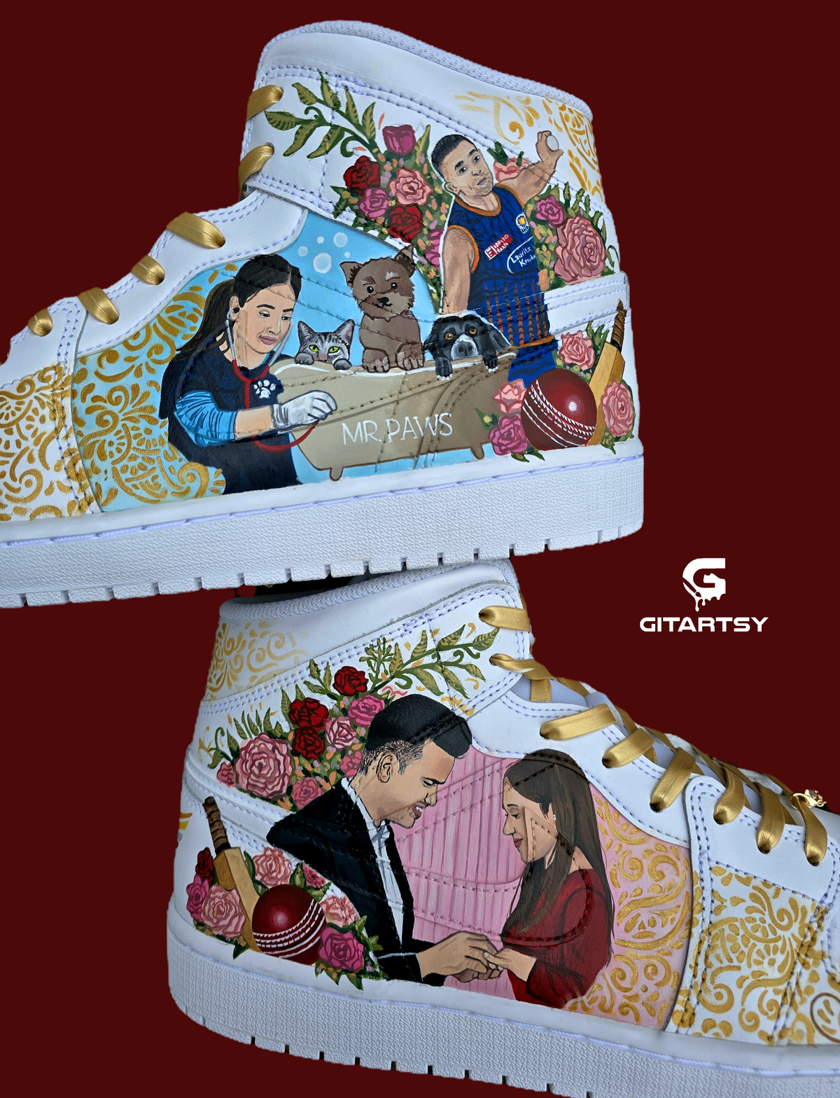 A pair of nike jordan 1 white high-top sneakers with custom illustrations of a couple Arjun Tendulkar and Saaniya Chandhok with gold paisley patterns henna, pets, florals with maroon and blue colour scheme displayed against a dark red background with a GITARTSY logo in the corner.
