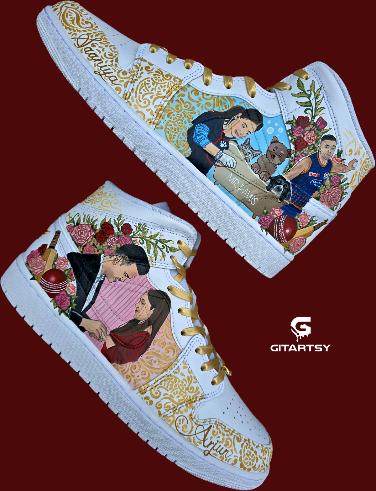 A pair of nike jordan 1 white high-top sneakers with custom illustrations of a couple Arjun Tendulkar and Saaniya Chandhok with gold paisley patterns henna, pets, florals with maroon and blue colour scheme displayed against a dark red background with a GITARTSY logo in the corner.
