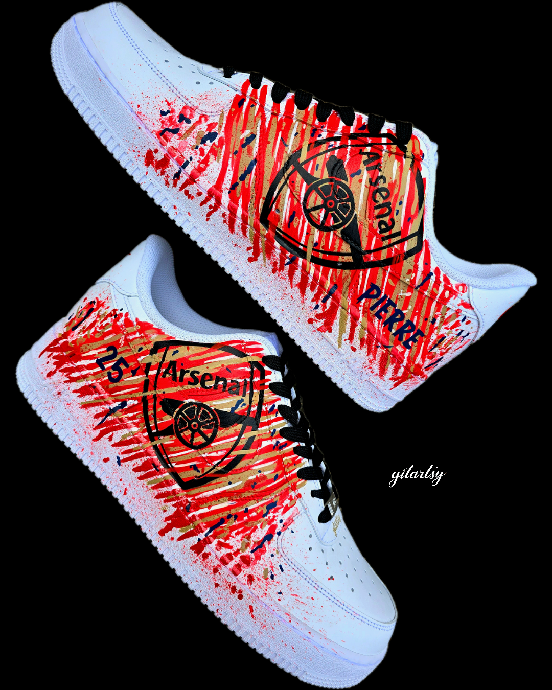Custom hand-painted Nike Air Force 1 sneakers with Arsenal FC-inspired design, featuring red, gold, and navy brush strokes, personalized details like player name and number, Arsenal logo, and splatter effect art—crafted on a genuine white leather Nike AF1 base by Gitartsy.


