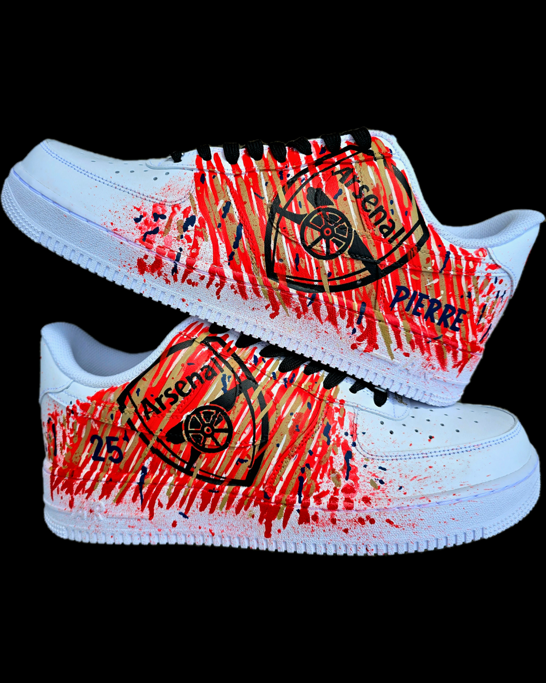 Custom hand-painted Nike Air Force 1 sneakers with Arsenal FC-inspired design, featuring red, gold, and navy brush strokes, personalized details like player name and number, Arsenal logo, and splatter effect art—crafted on a genuine white leather Nike AF1 base by Gitartsy.

