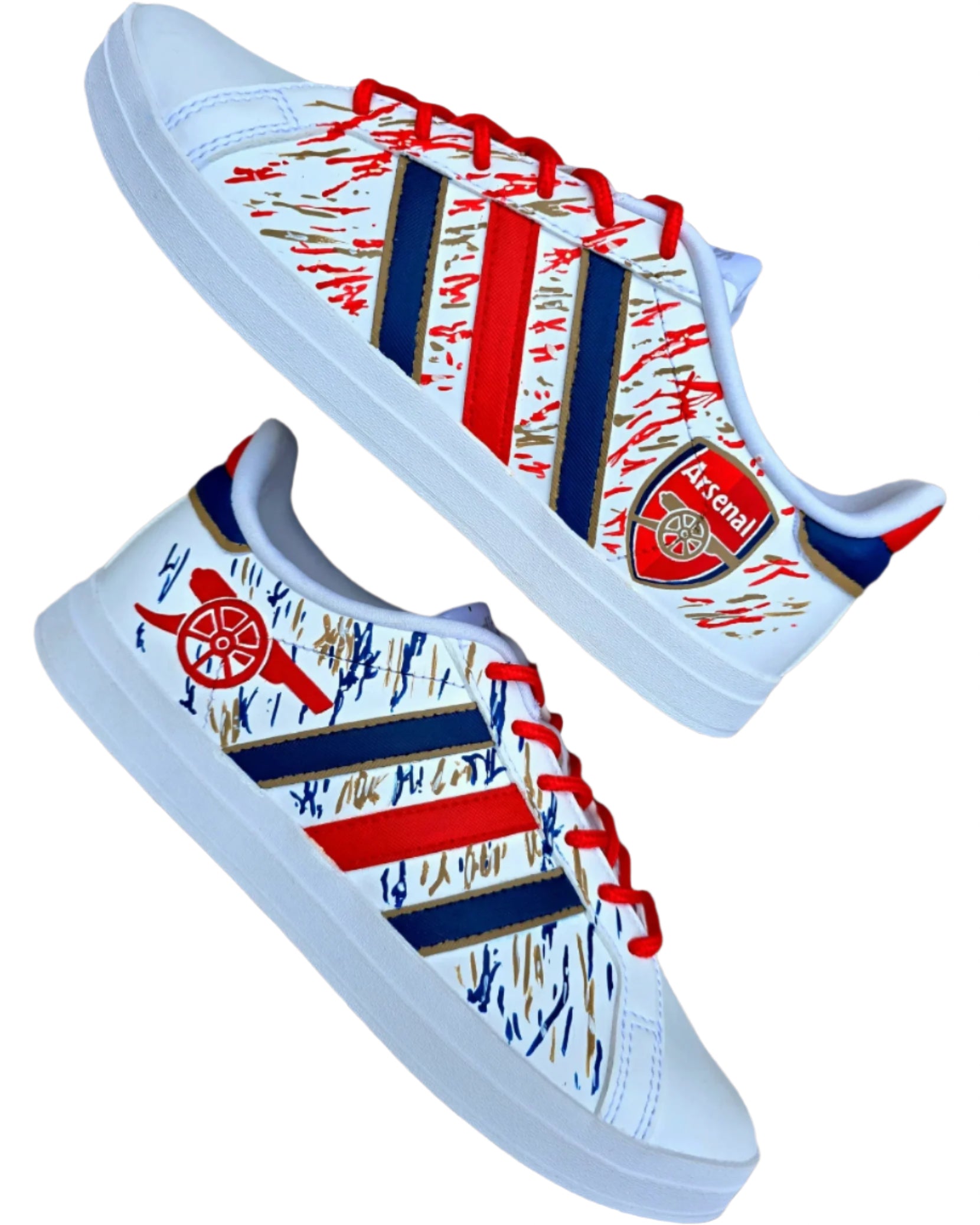 Arsenal FC Football Custom Hand-Painted Adidas Sneakers - Hand Painted with red, gold and blue artistic brushstrokes. Realistic arsenal fc logo and gunners logo