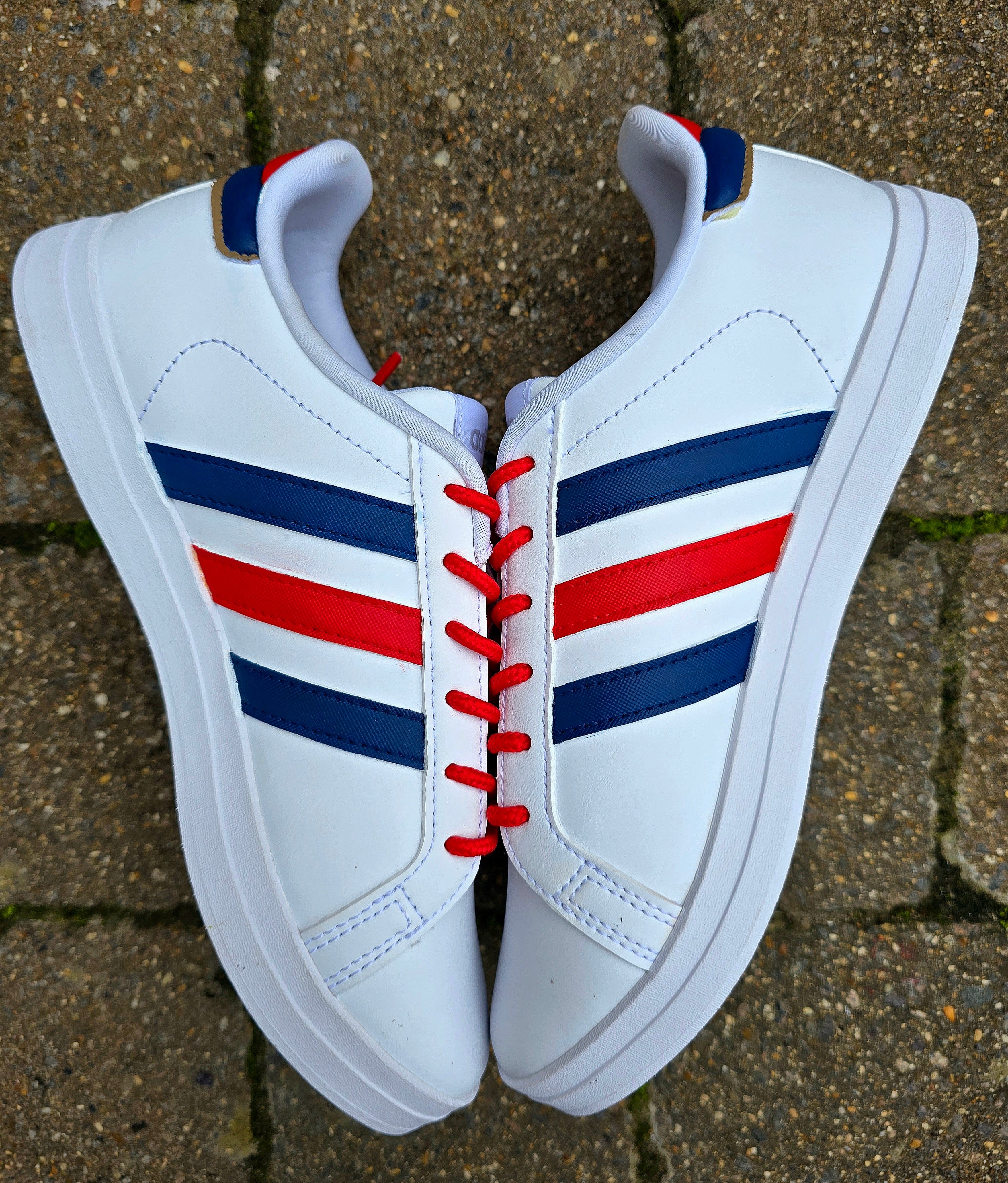 Arsenal FC Football Custom Hand-Painted Adidas Sneakers - Hand Painted with red, gold and blue artistic brushstrokes. Realistic arsenal fc logo and gunners logo