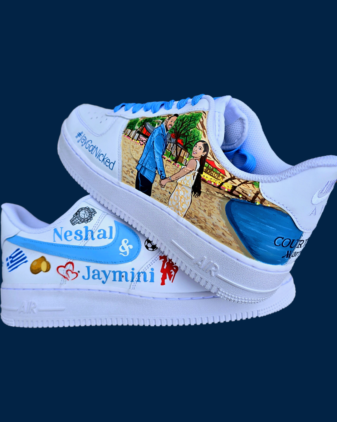 Illustrated beach love story on white Nike AF1s  
