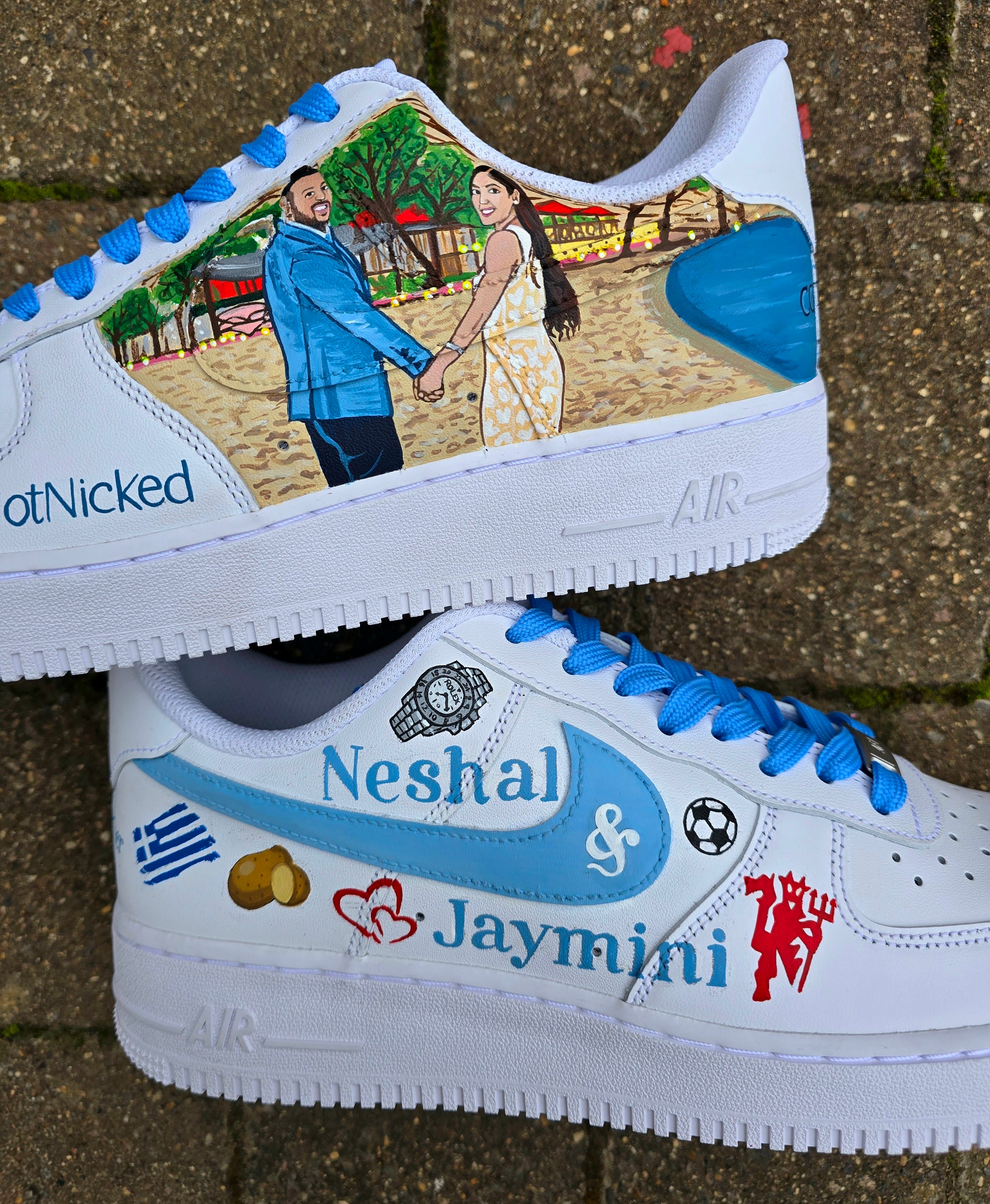 Romantic hand-painted AF1s with coastal wedding artwork  