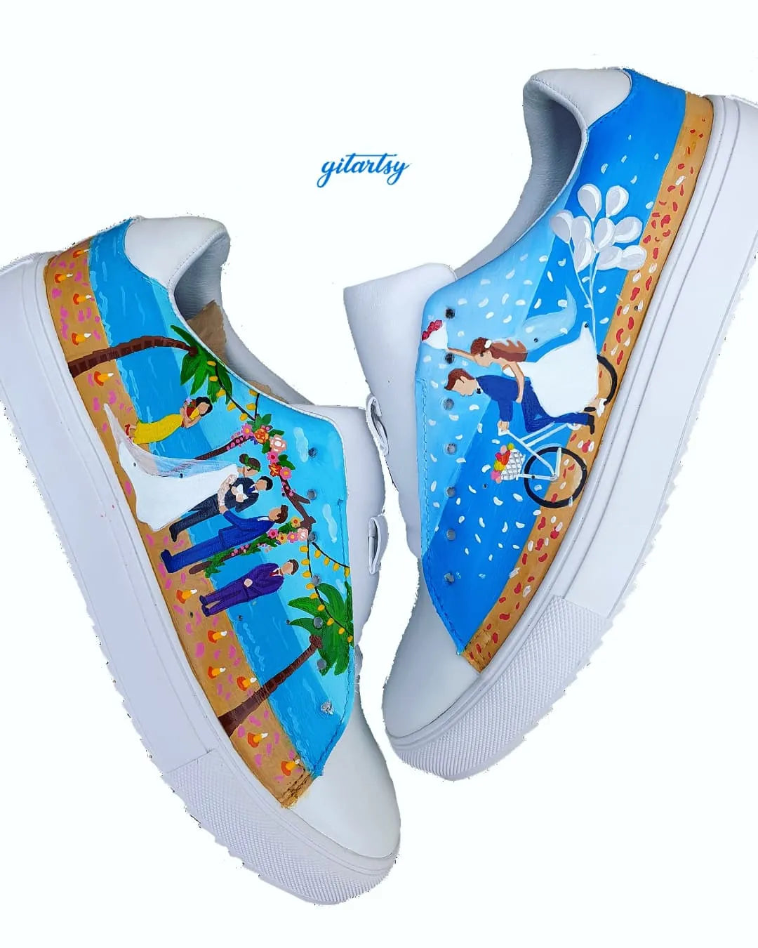 Beach destination wedding sneakers - bride in white dress and groom custom hand painted on white sneakers