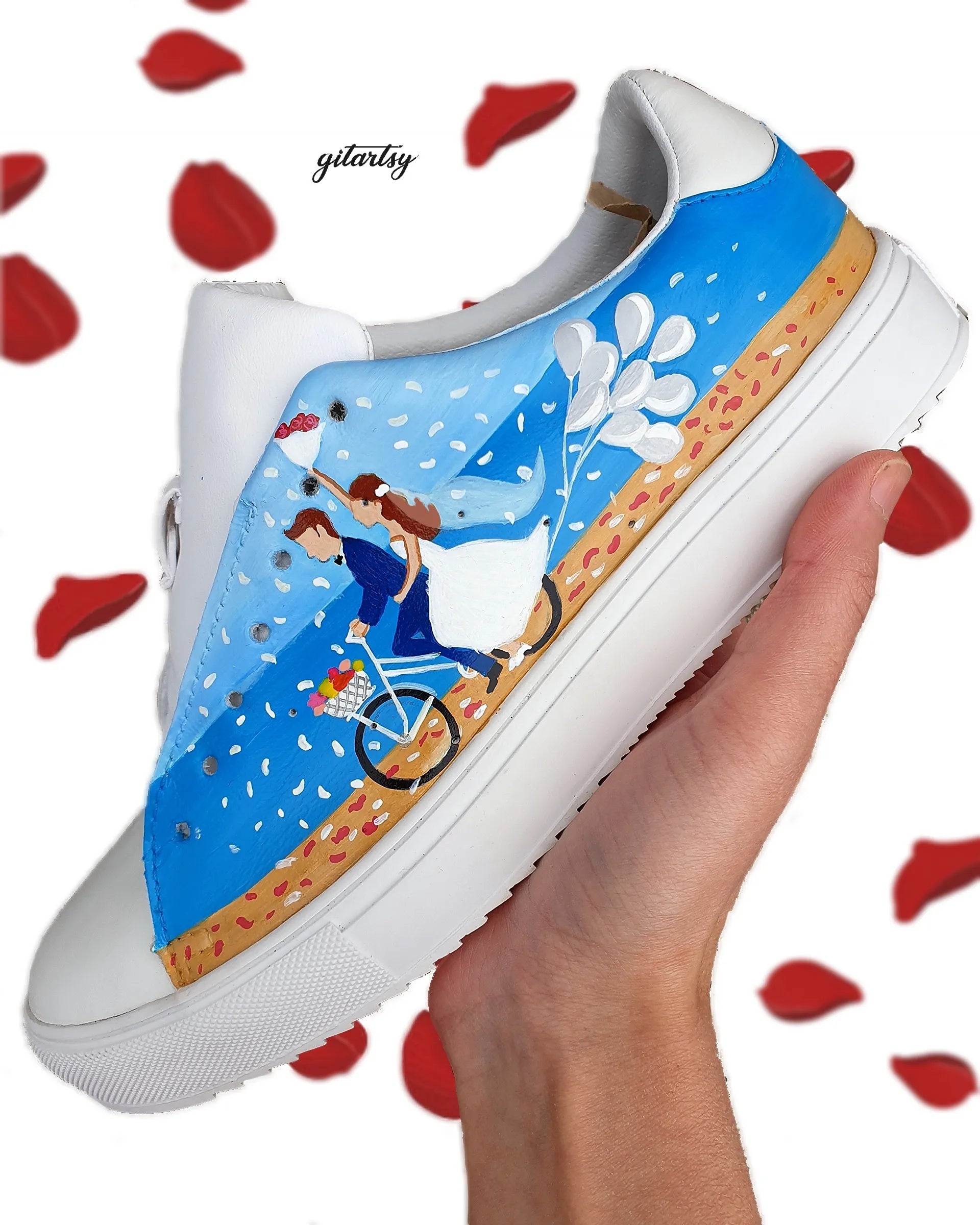 Beach destination wedding sneakers - bride in white dress and groom custom hand painted on white sneakers