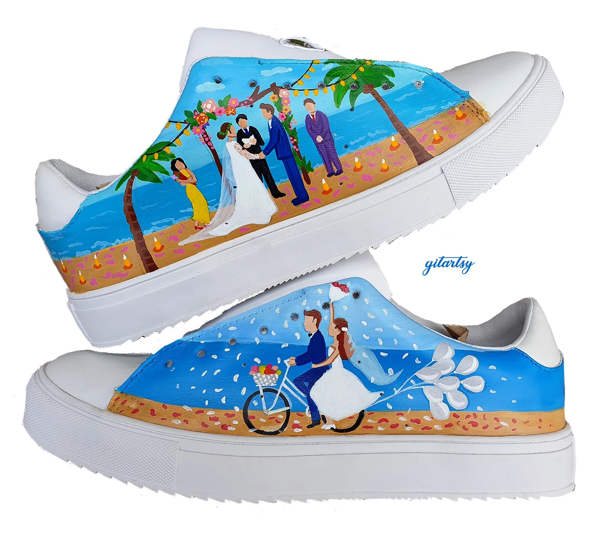 Beach destination wedding sneakers - bride in white dress and groom custom hand painted on white sneakers