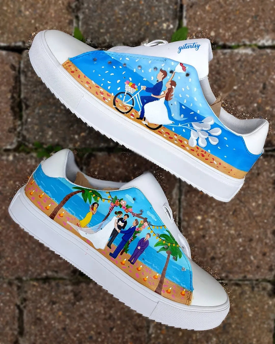 Beach destination wedding sneakers - bride in white dress and groom custom hand painted on white sneakers