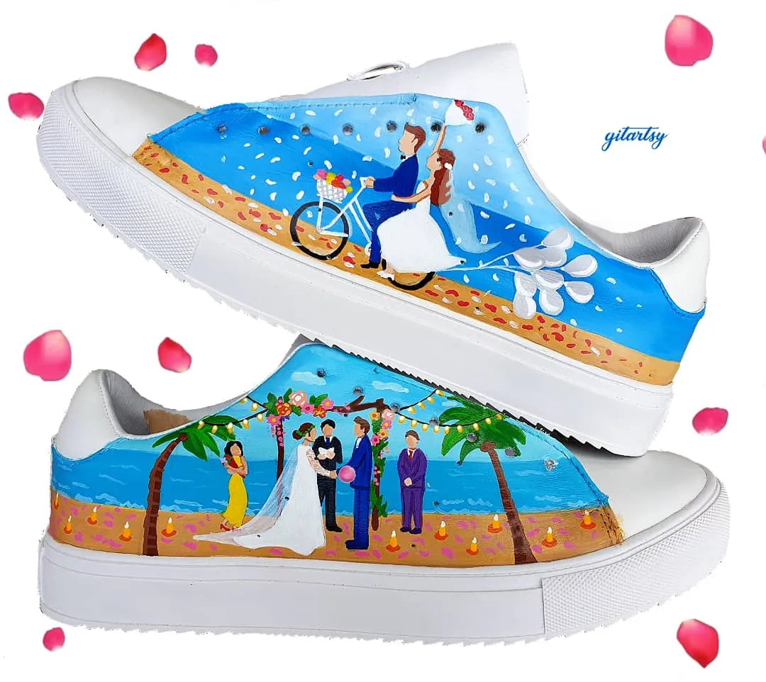 Beach destination wedding sneakers - bride in white dress and groom custom hand painted on white sneakers