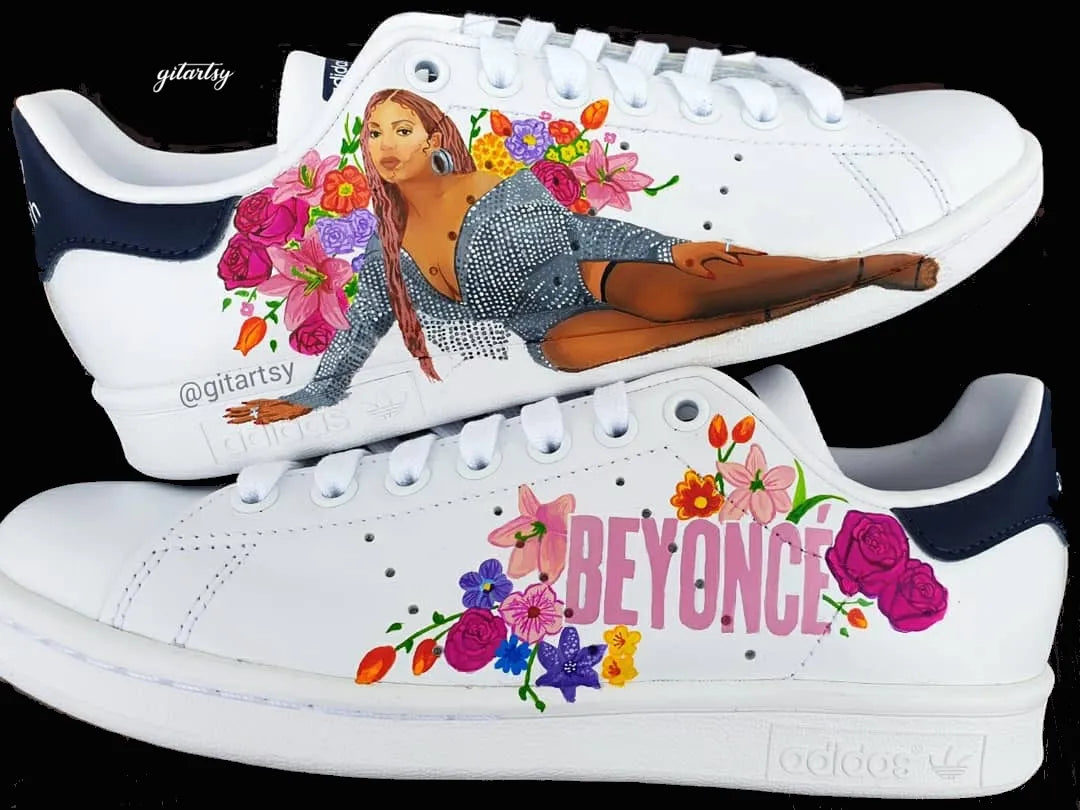 Beyonce Queen B Custom Hand Painted Adidas Sneakers - painted with floral details, a realistic portrait of beyonce laying down on the shoes with a sparkly silver dress