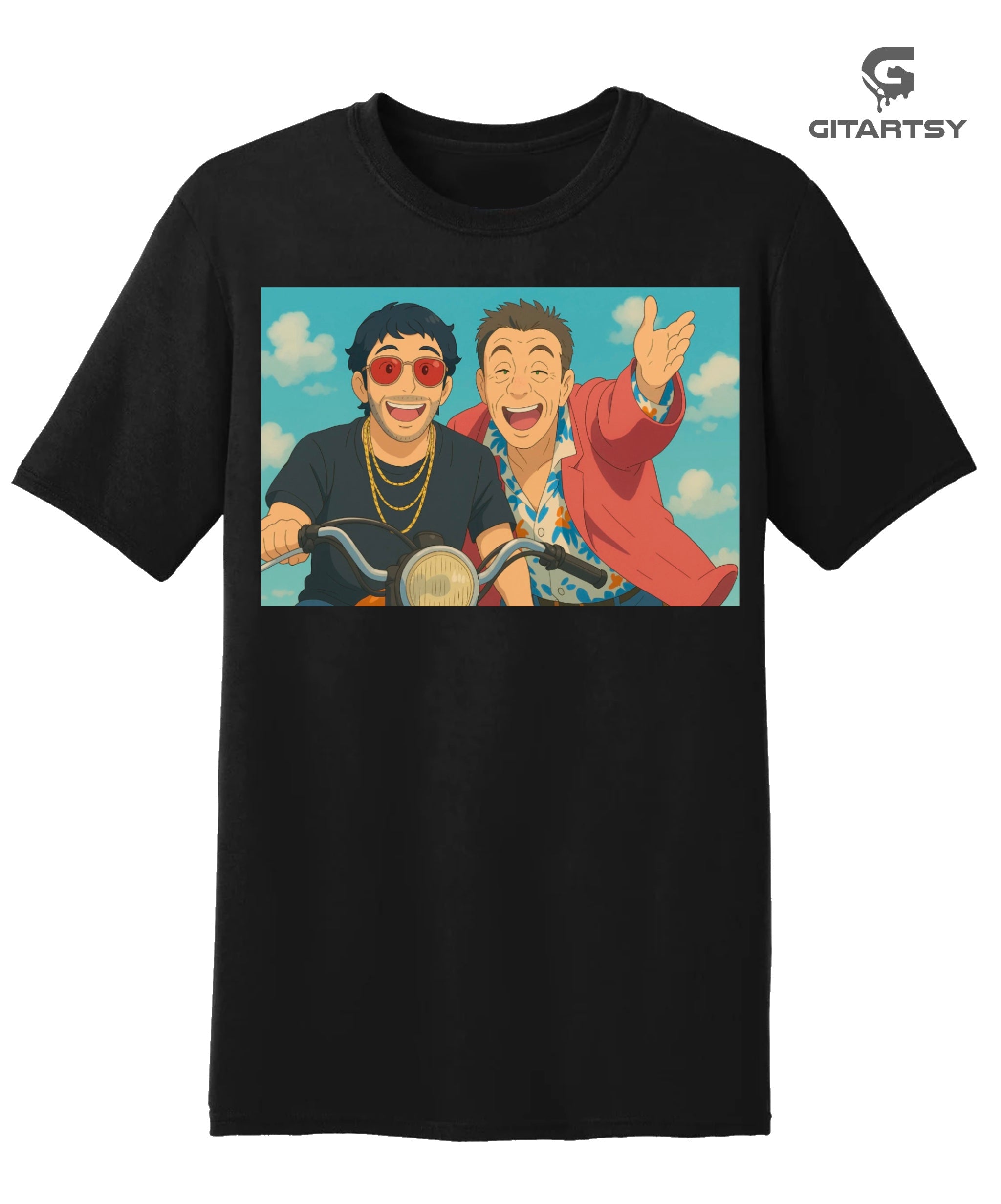 Bollywood Ghibli Art Munna Bhai MBBS T-Shirt – Munna & Circuit Scooter Ride Scene black tee